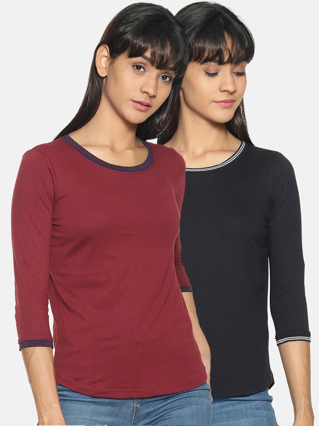 

Kryptic Women Pack Of 2 Solid Round Neck Pure Cotton T-shirts, Black
