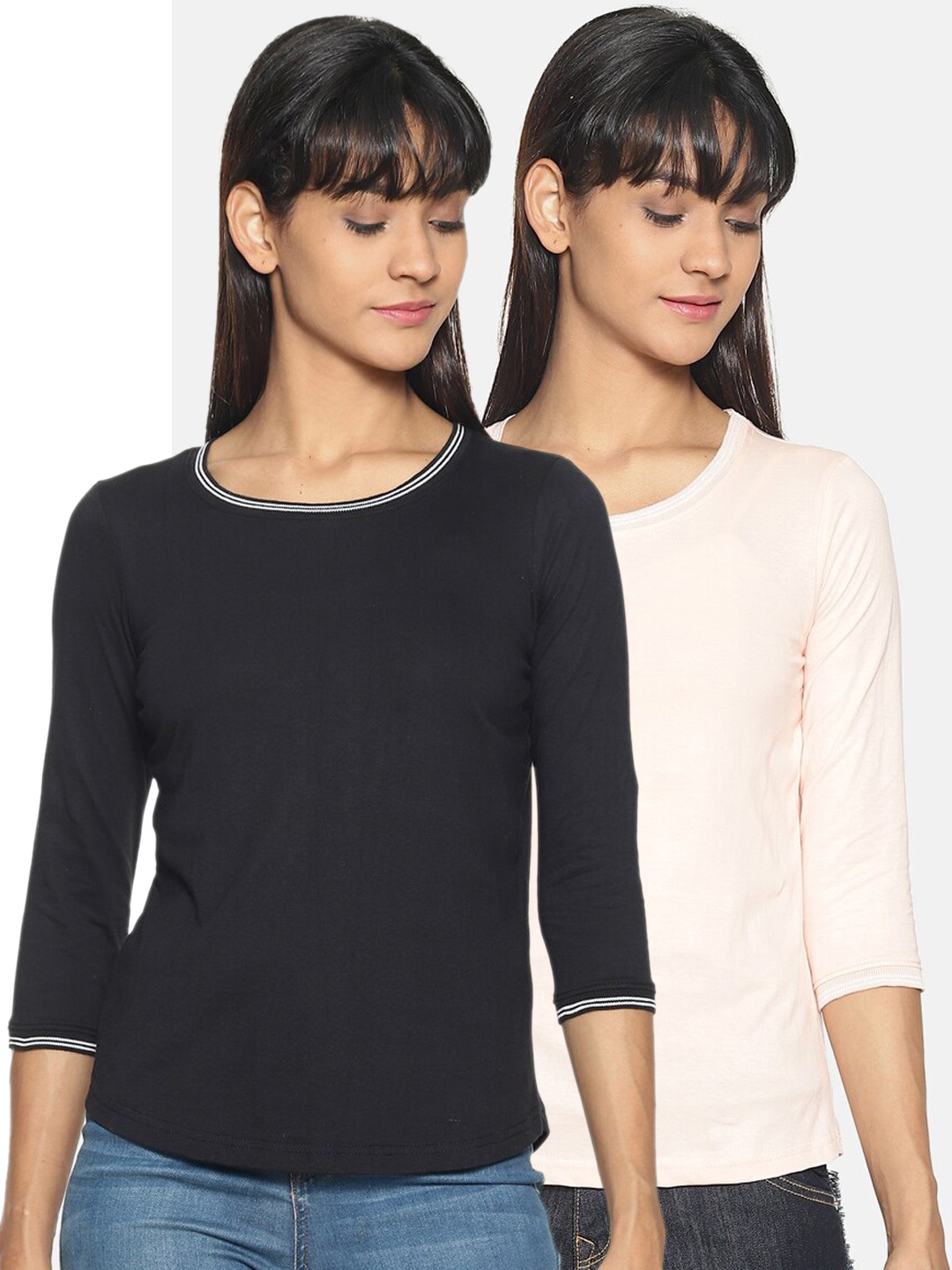 

Kryptic Women Black & Pink Set of 2 Solid Round Neck T-shirt