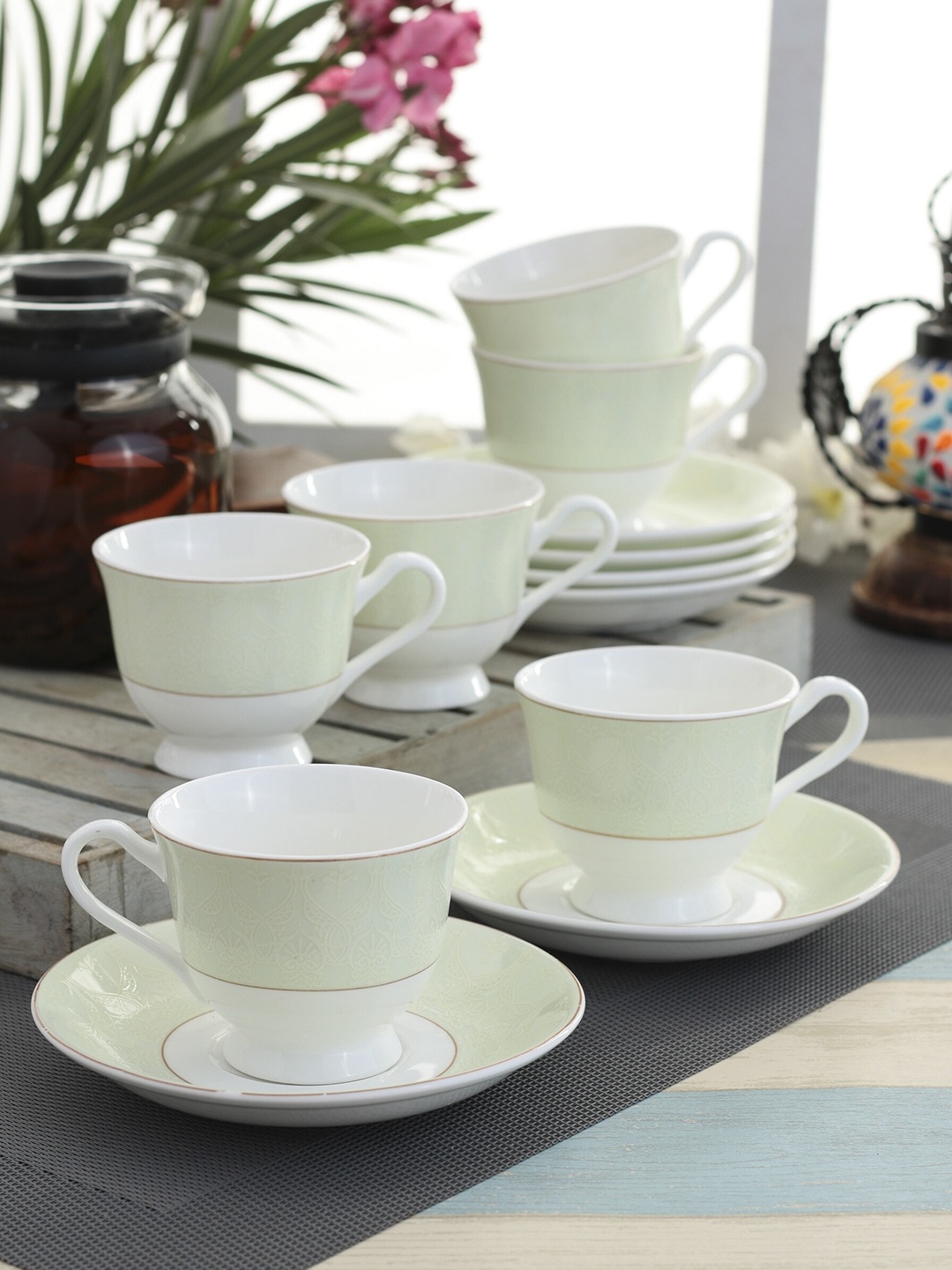 

CLAY CRAFT Set Of 12 White & Green Printed Cups & Saucers