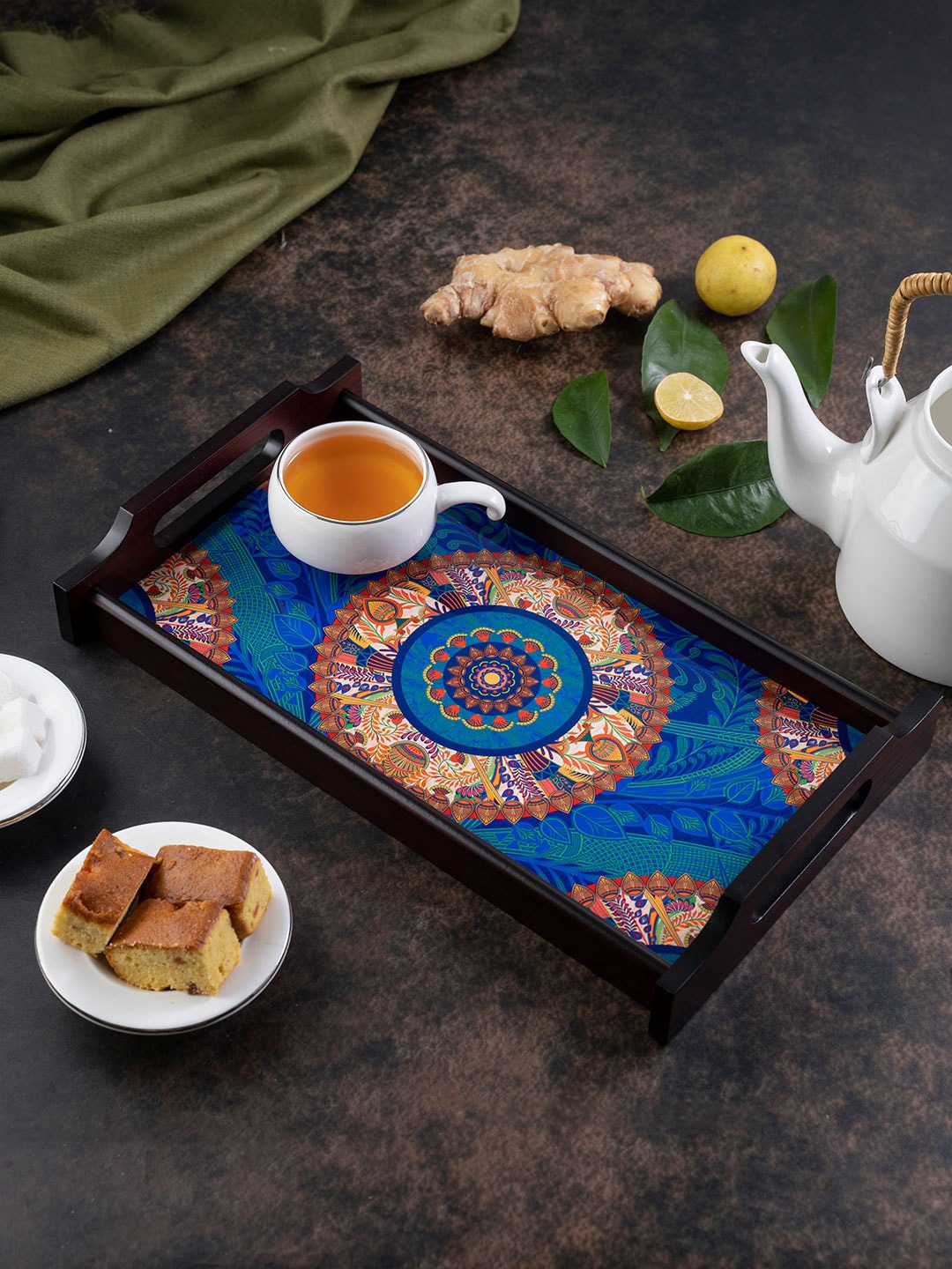 KOLOROBIA Blue & Orange Printed Egyptian Tranquility Large Wooden Tray