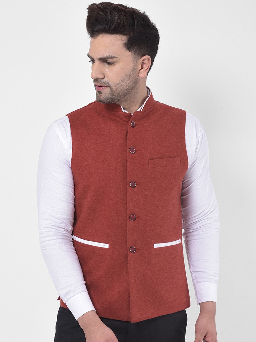 

LUXURAZI Men Maroon Solid Woven Nehru Jacket