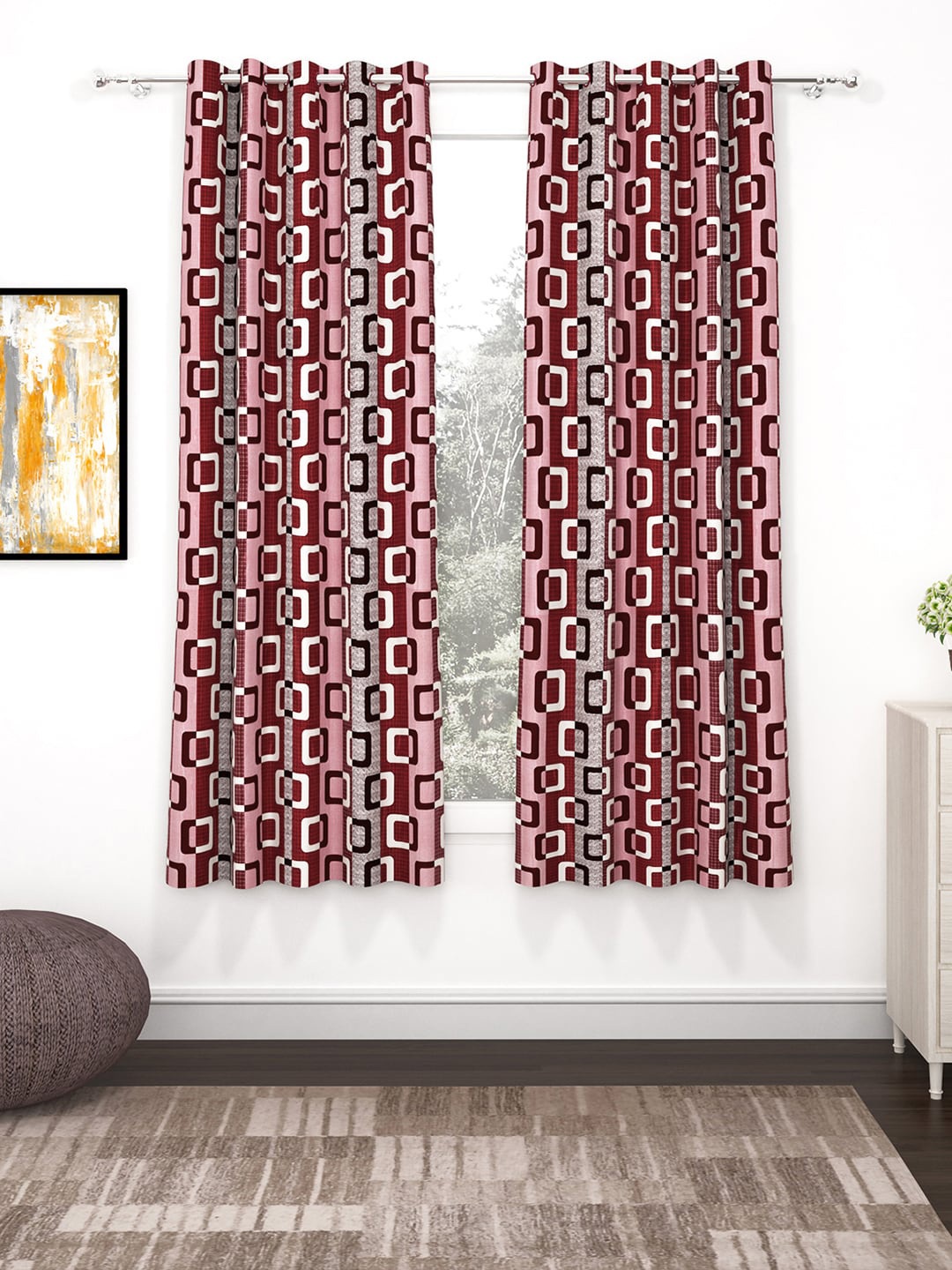 

Bedspun Set Of 2 Grey & Red Printed Polyetser Eyelet Ringtop Window Curtains-5 feet