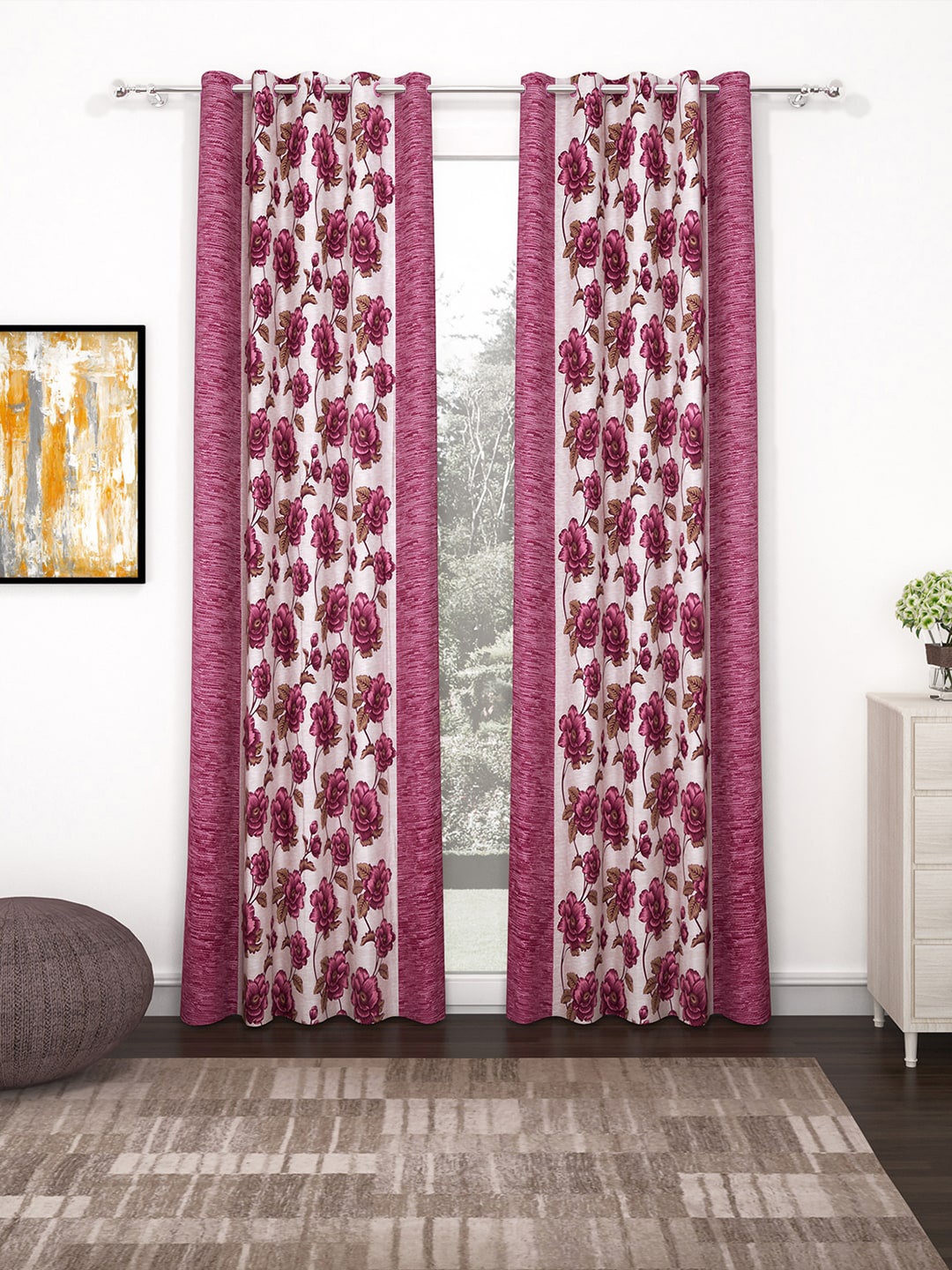 

Bedspun Set Of 2 Pink & Beige Printed Polyester Eyelet Ringtop Door Curtains-7 feet
