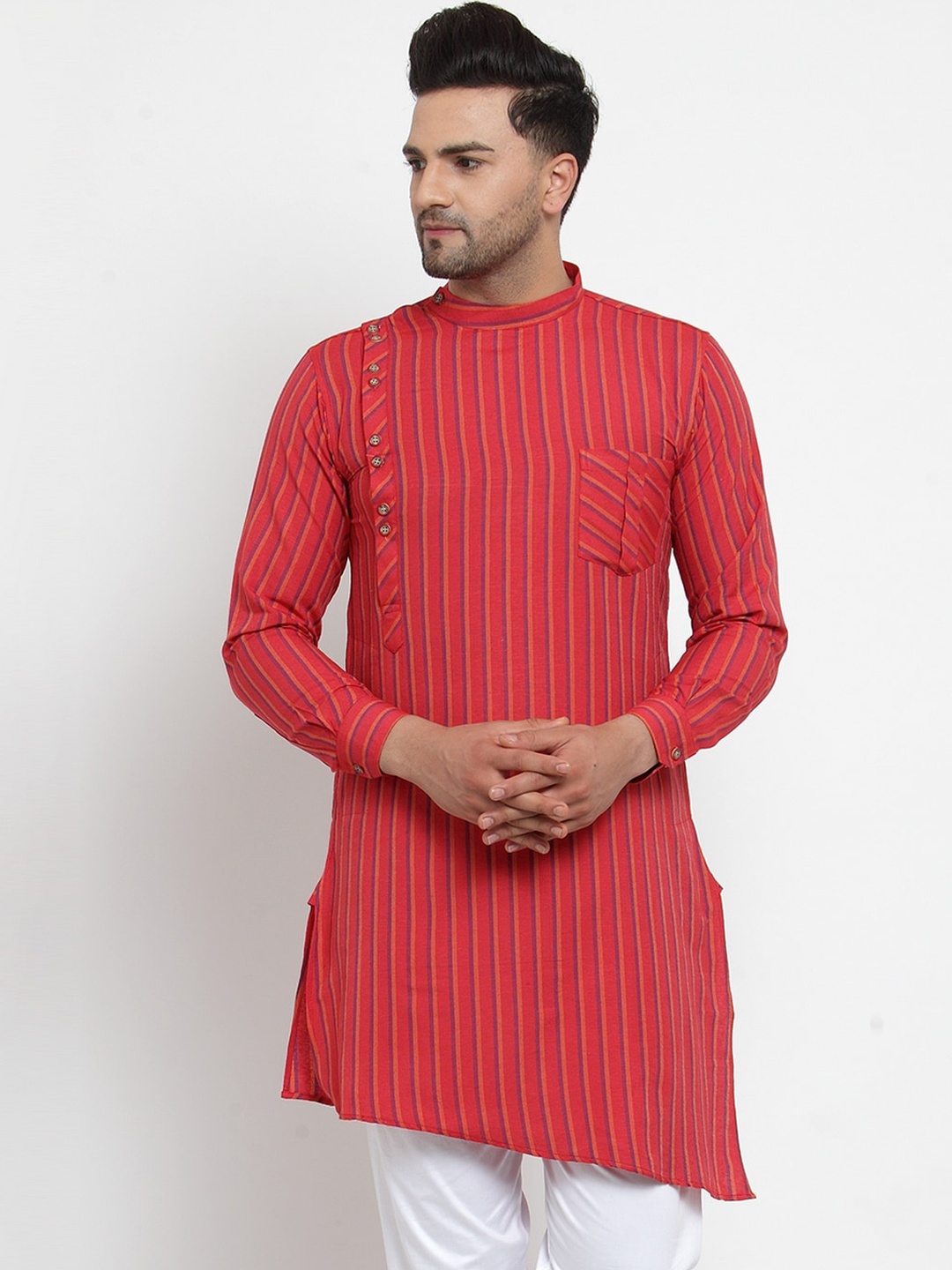 

KLOTTHE Men Red Striped Straight Kurta