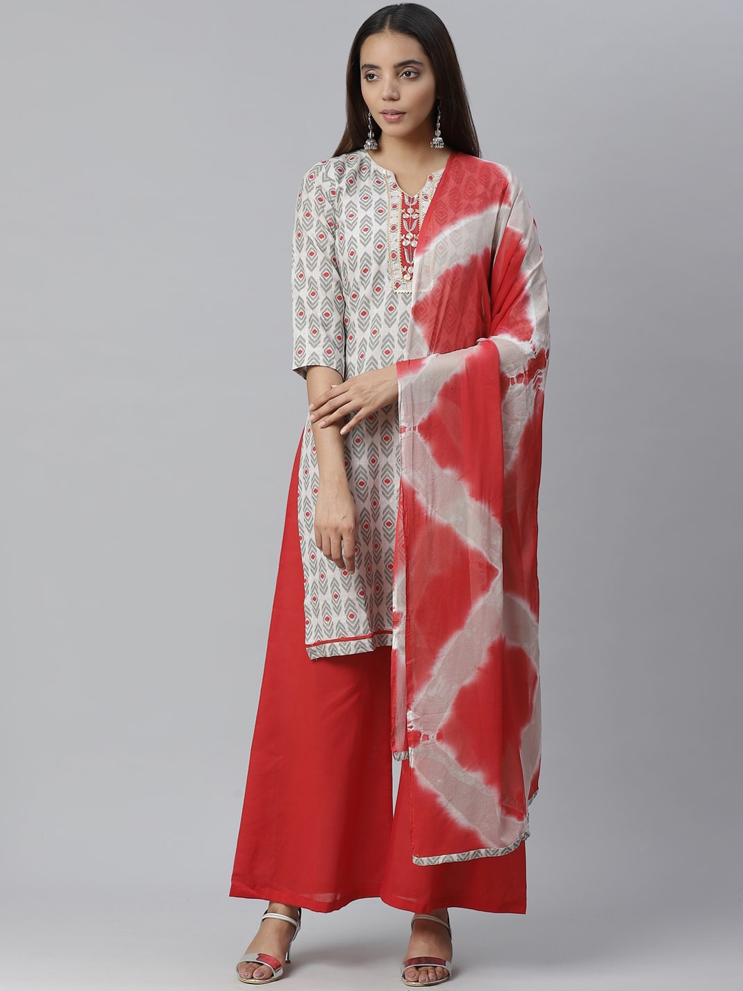

Chhabra 555 Women Red & Grey Printed Kurta with Palazzos & Dupatta