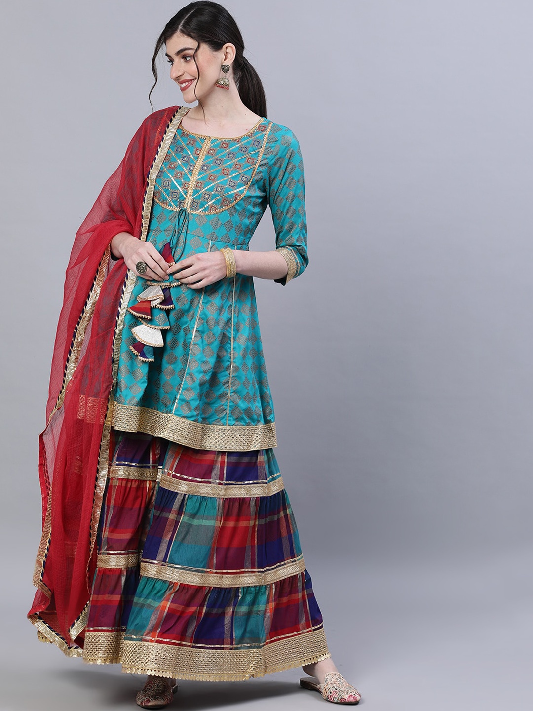 

Ishin Women Blue & Gold-Toned Embroidered Kurti with Sharara & Dupatta