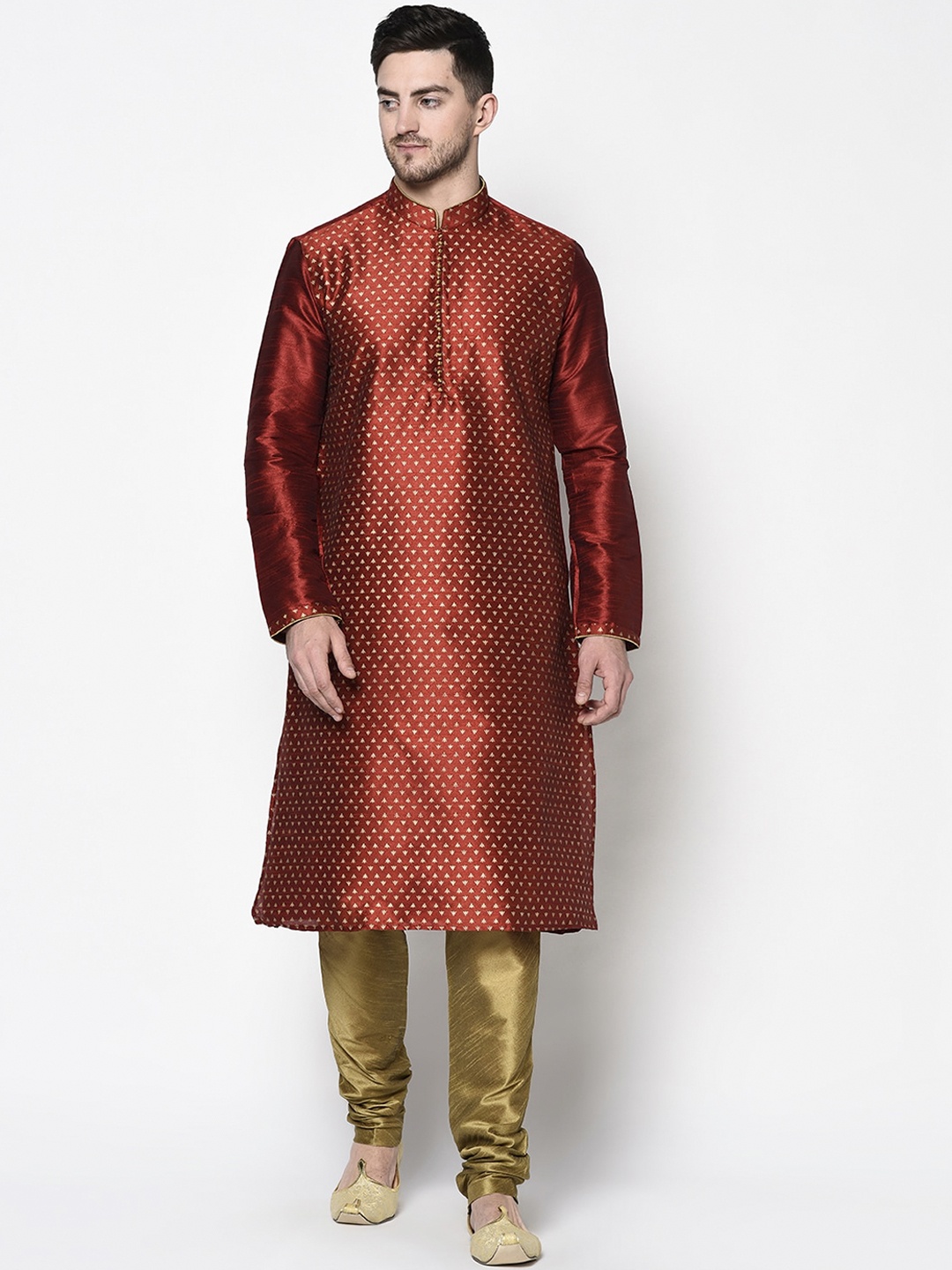 

DEYANN Men Red Woven Design Kurta with Churidar