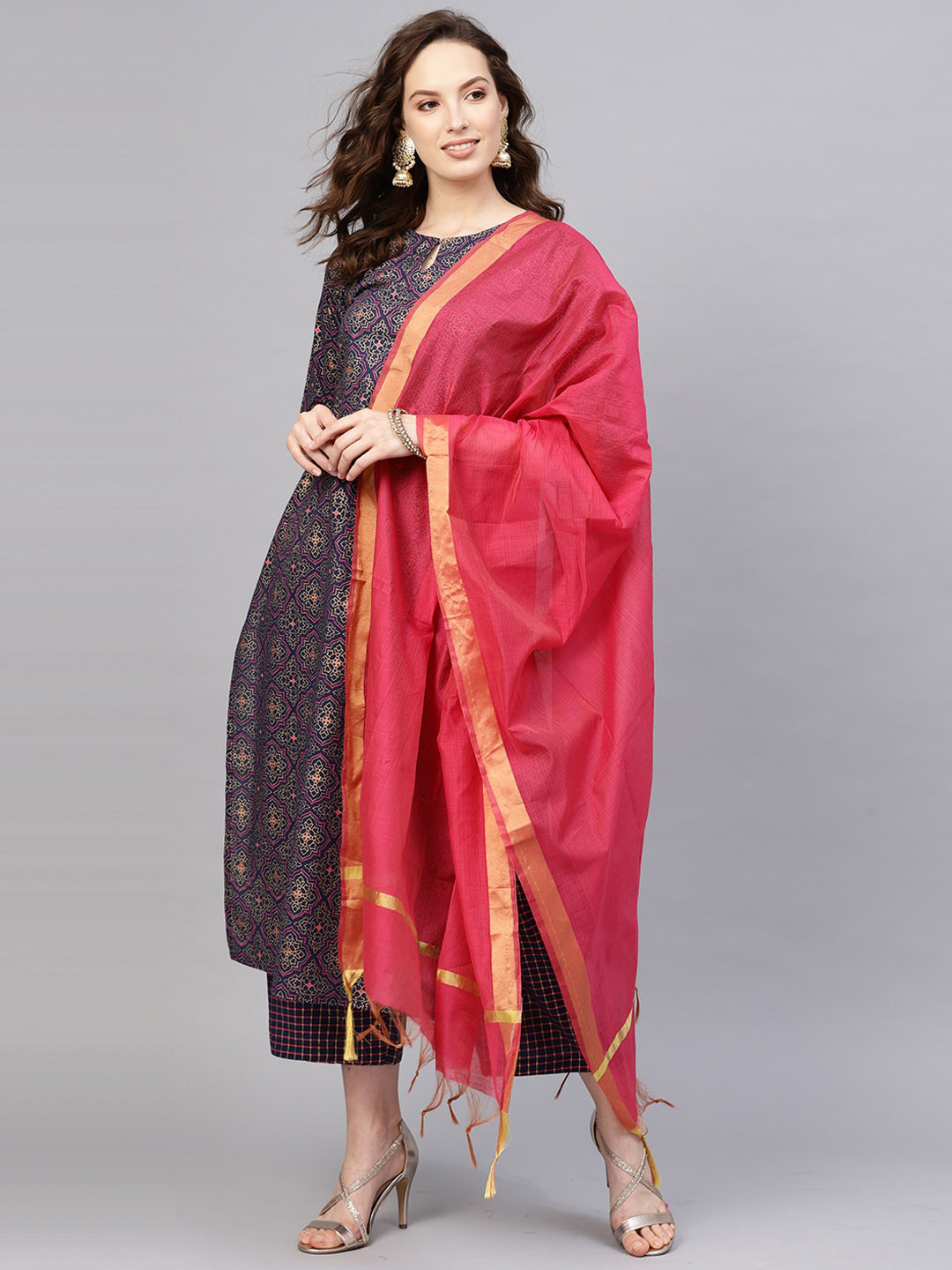 

Indo Era Women Navy Blue Printed Kurta with Palazzos & Dupatta