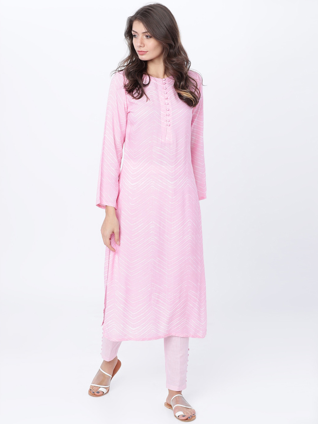 

Vishudh Women Pink & White Printed Straight Kurta