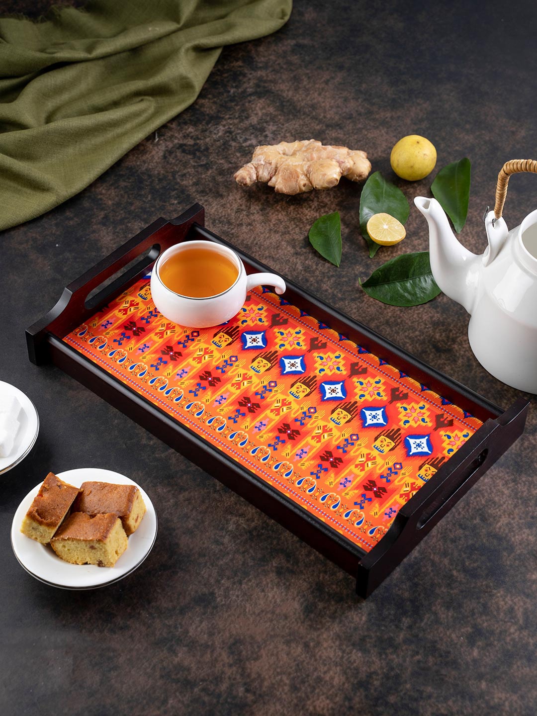 

KOLOROBIA Orange & Yellow Printed Dazzling Ikat Small Wooden Tray