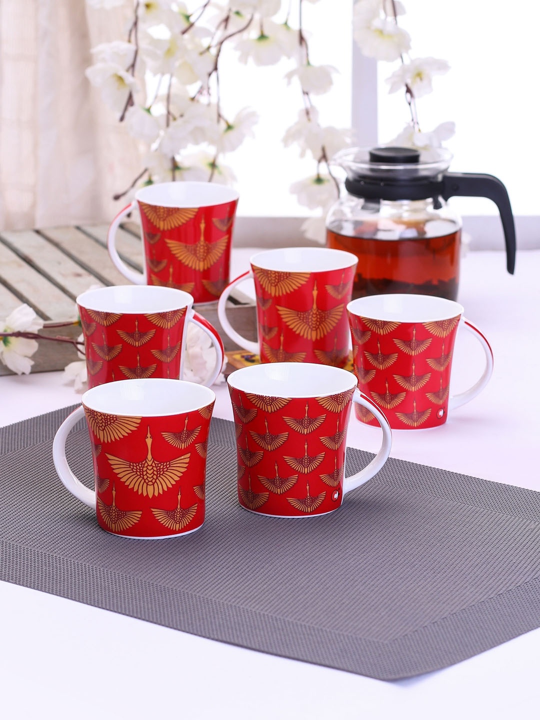 

CLAY CRAFT Multicolored Set of 6 Floral Print Ceramic Cups, Multi
