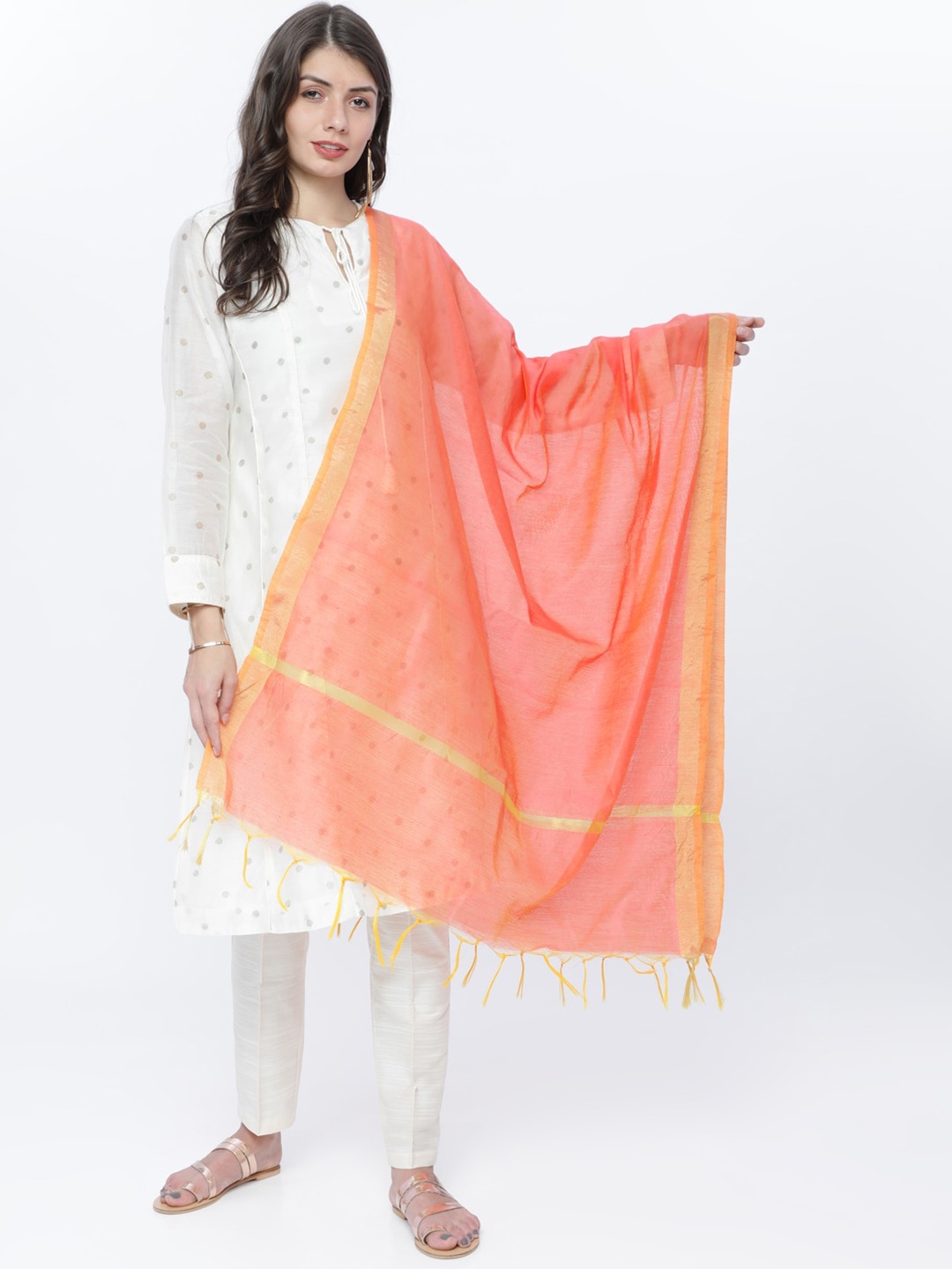 

Vishudh Women Coral-Coloured Solid Chanderi Dupatta