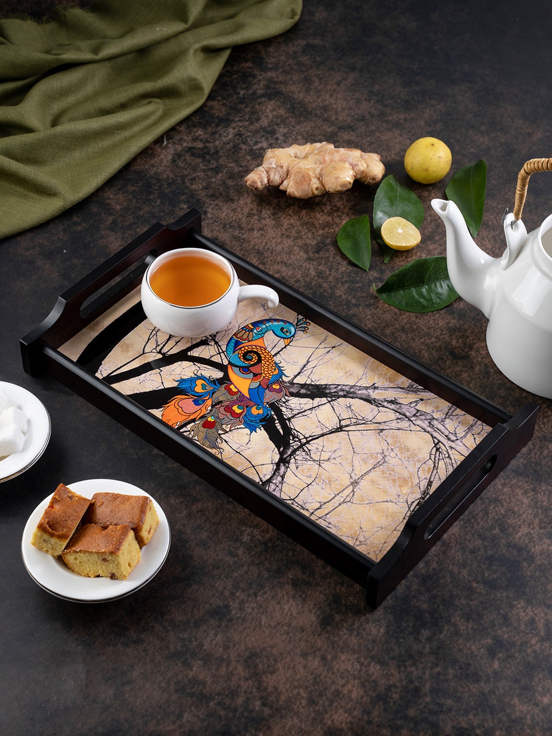 KOLOROBIA Beige & Blue Charismatic Peacock Large Wooden Tray