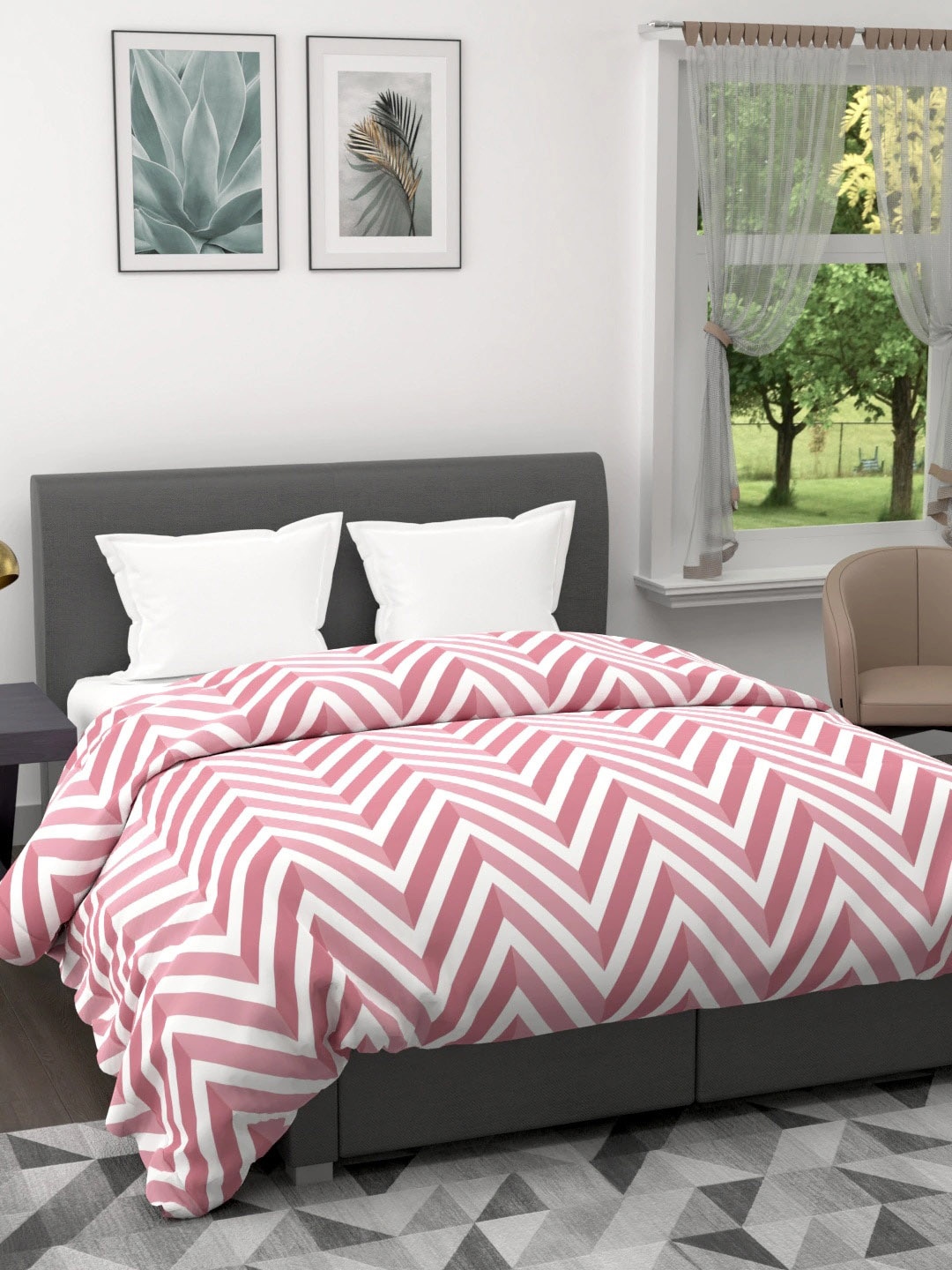 

Clasiko Pink & White Chevron Printed AC Room 120 GSM Sustainable Double King Quilts