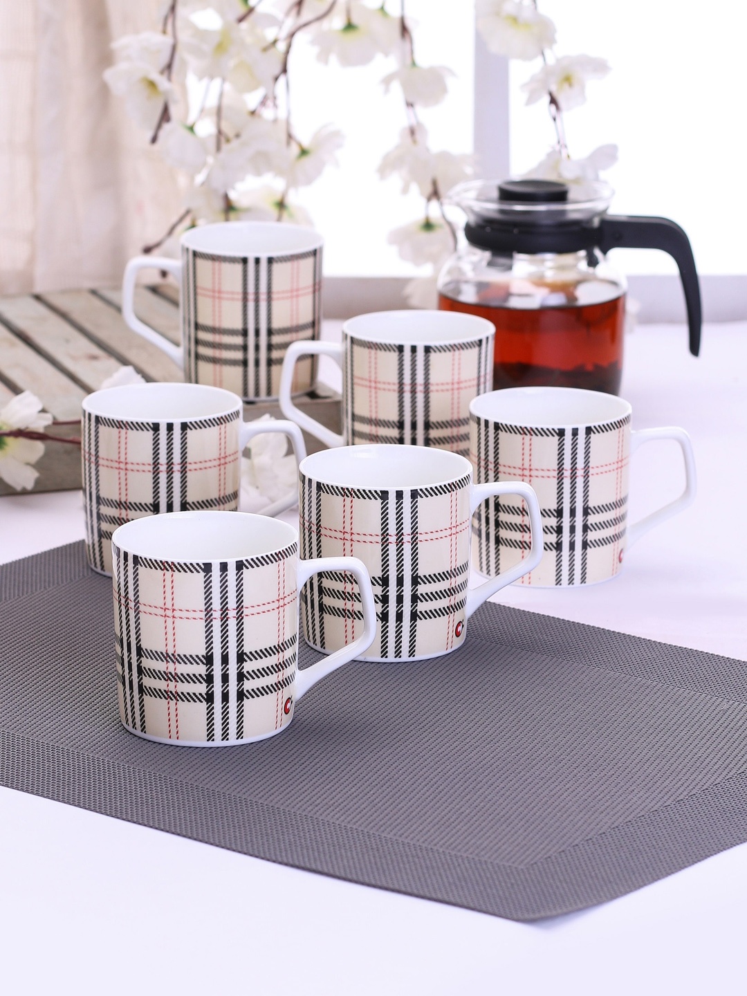 CLAY CRAFT Set Of 6 Beige & Black Checked Ceramic Cups