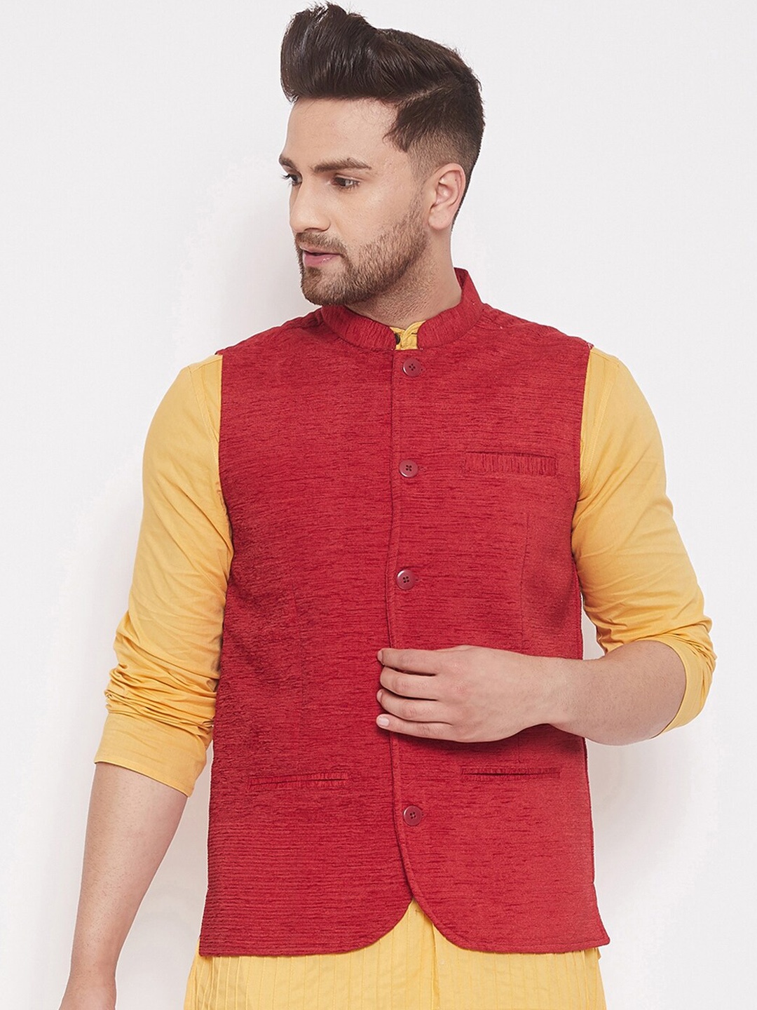 

even Men Red Solid Woven Nehru Jacket