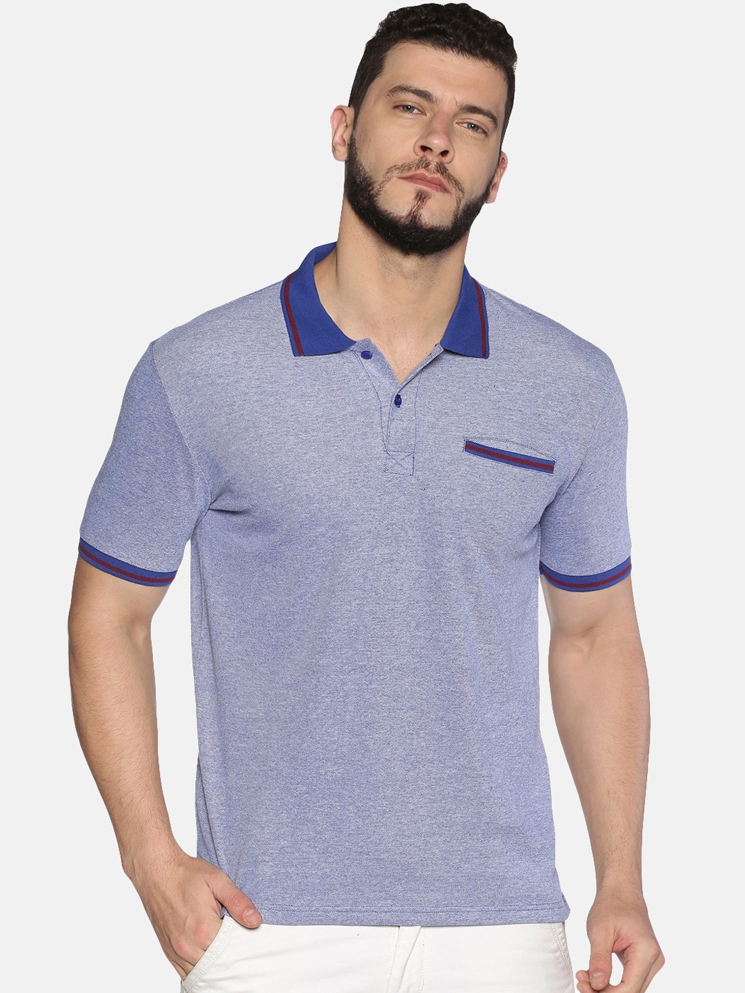 

UrGear Men Blue Self Design Polo Collar Pure Cotton T-shirt
