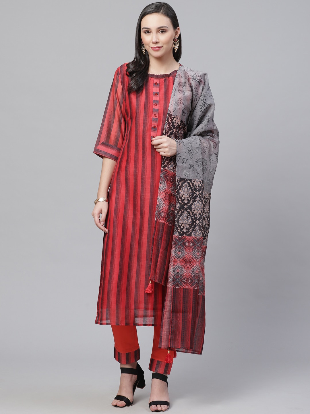 

Chhabra 555 Women Red & Black Striped Kurta with Trousers & Dupatta