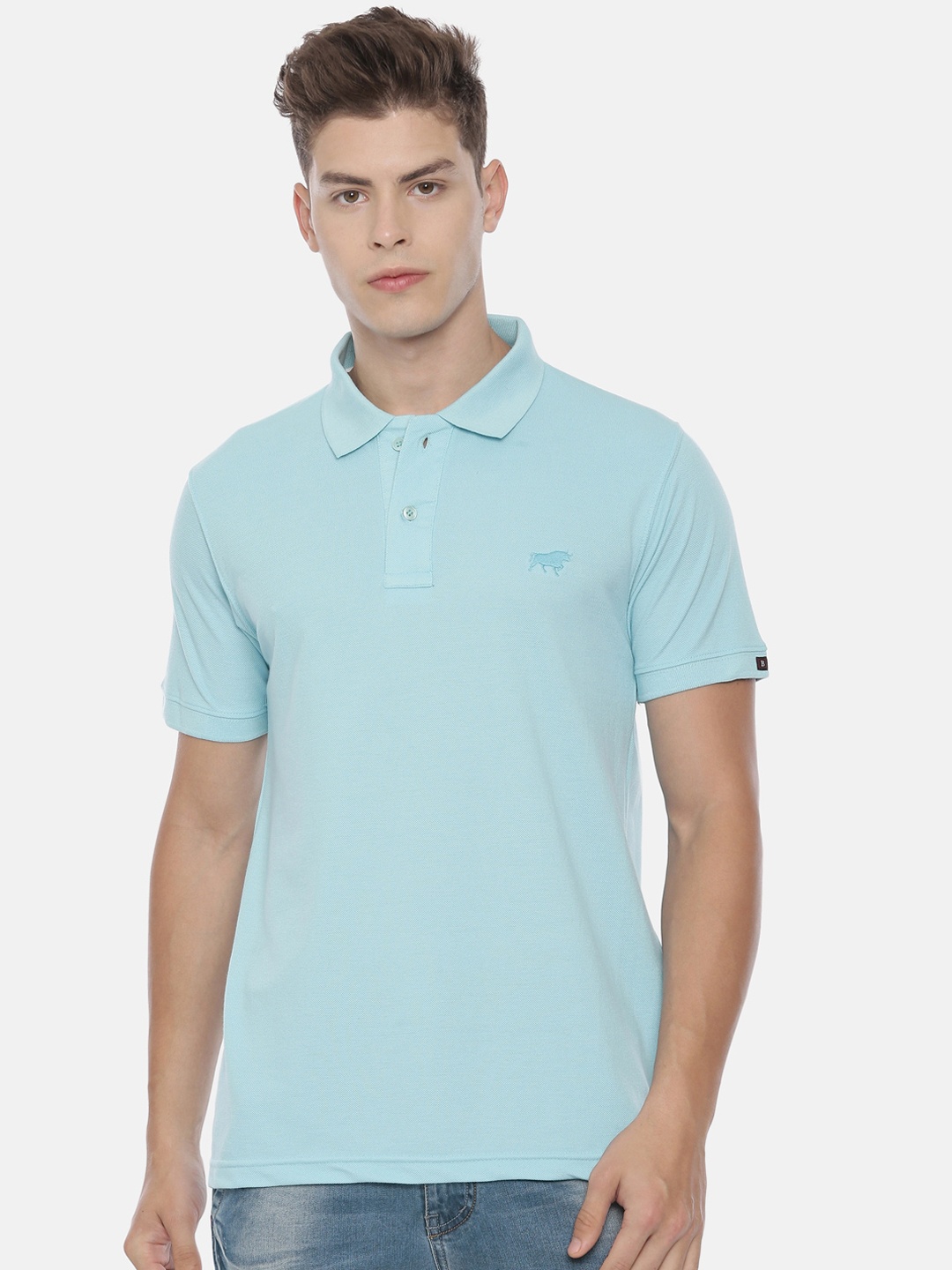 

Bushirt Men Blue Solid Polo Collar T-shirt