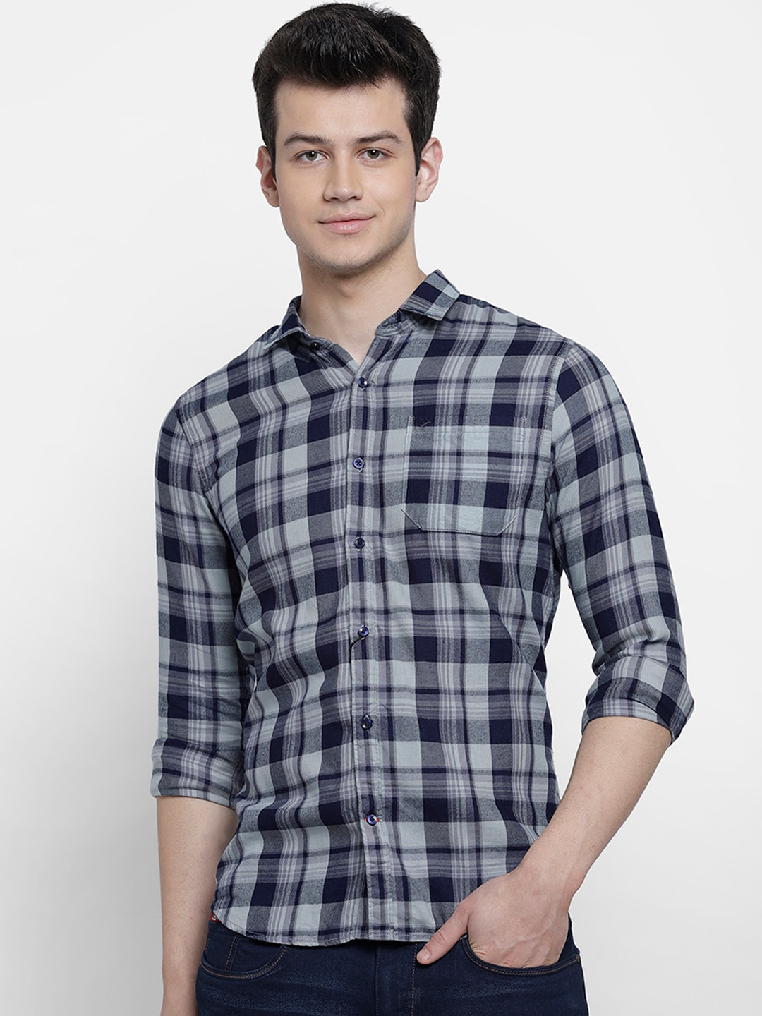 

cape canary Men Blue & Grey Regular Fit Checked Casual Shirt