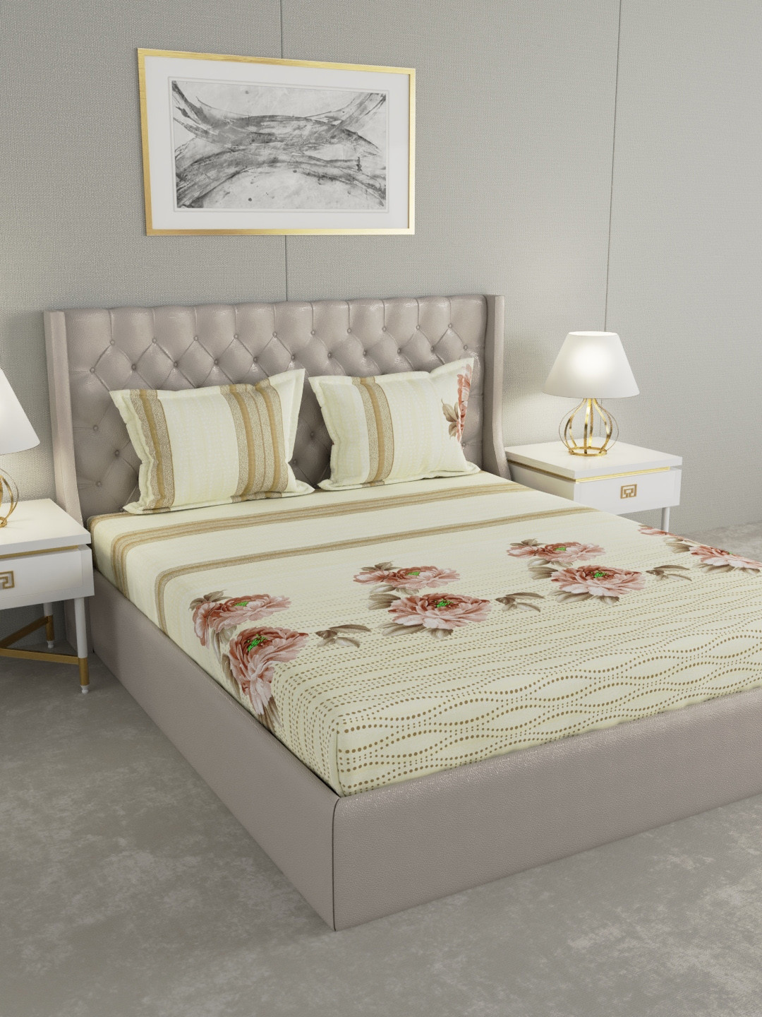 

Raymond Home Cream Coloured & Pink Floral 200 TC Cotton 1 King Bedsheet With 2 Pillow Covers
