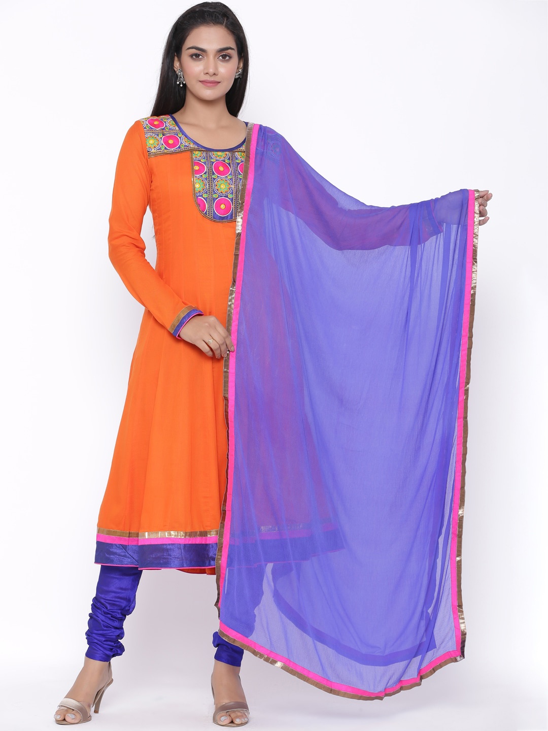 

fabGLOBAL Women Orange & Violet Printed Kurta with Churidar & Dupatta