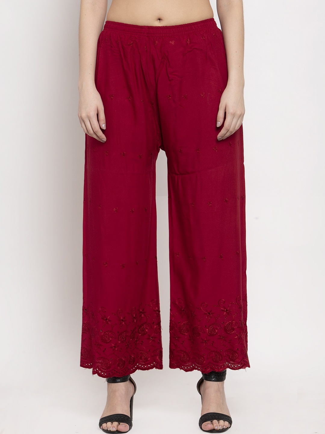 Miaz Lifestyle Women Maroon Embroidered Straight Palazzos