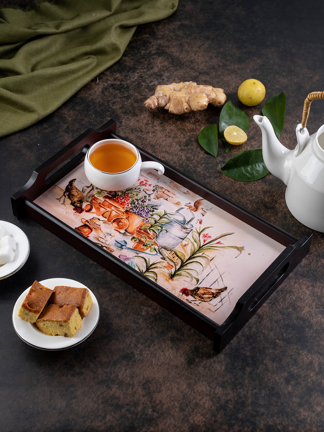 

KOLOROBIA White & Green English Garden Inspired Large Wooden Tray