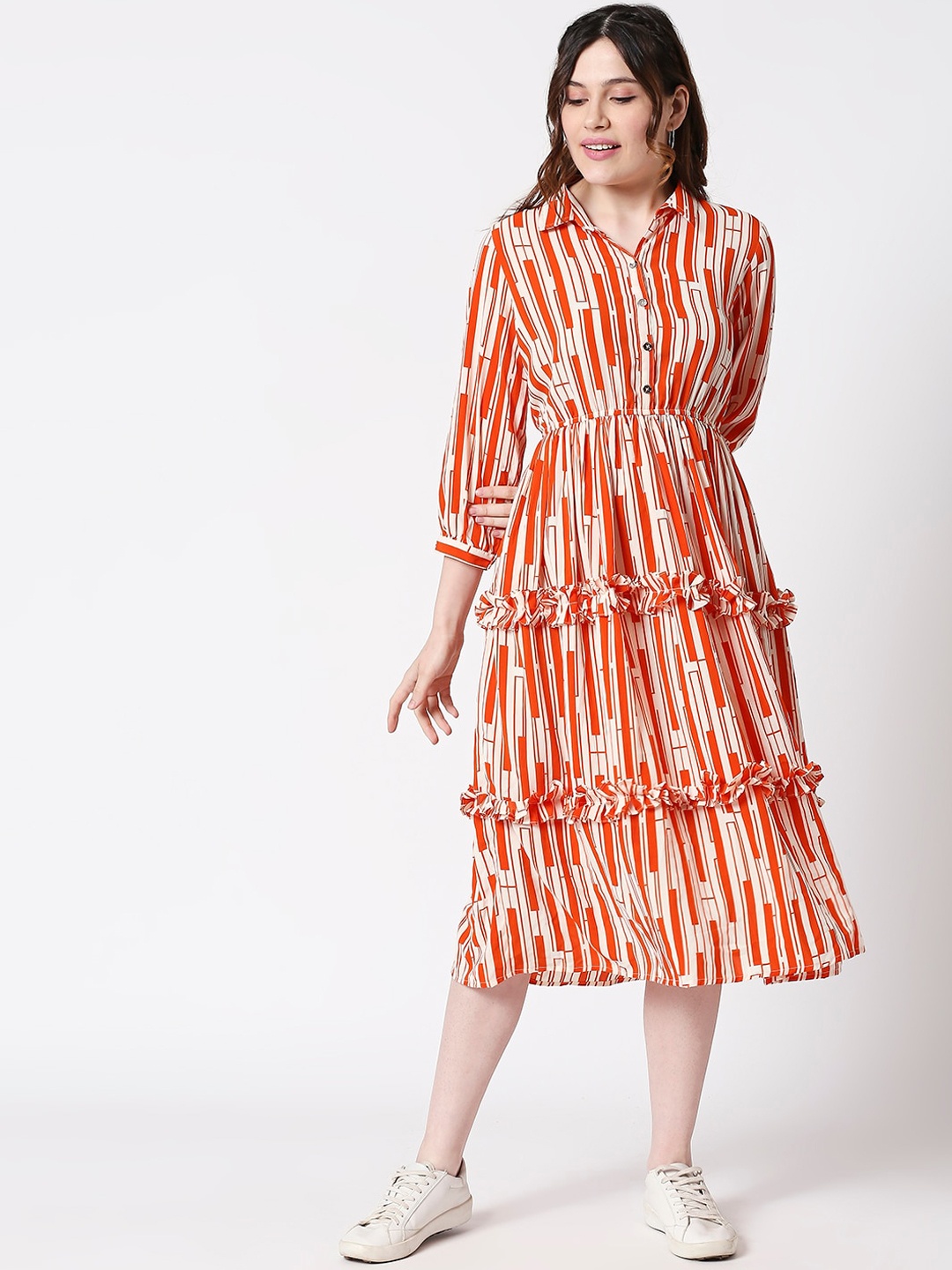 

TERQUOIS Women Orange Printed Shirt Dress