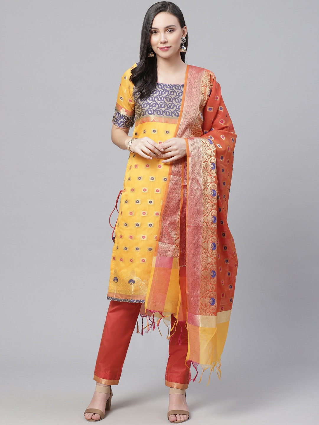 

Chhabra 555 Women Yellow & Orange Woven Design Handloom Chanderi Kurta Set with Dupatta