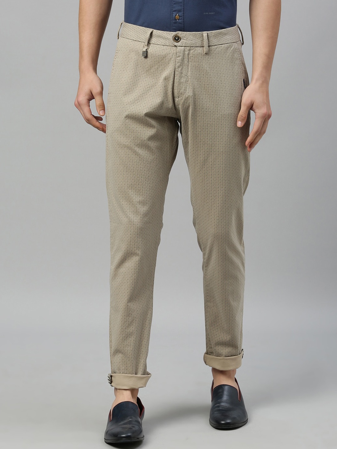 

RARE RABBIT Men Beige Regular Fit Self Design Regular Trousers
