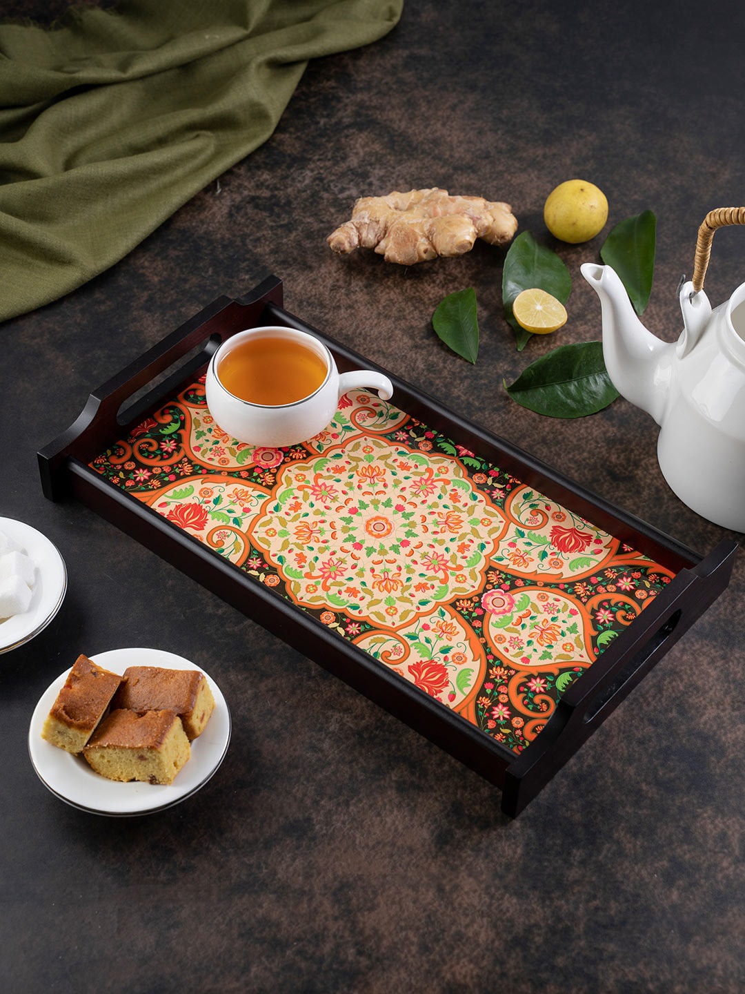 

KOLOROBIA Pink & Orange Printed Mughal Blooms Small Wooden Tray