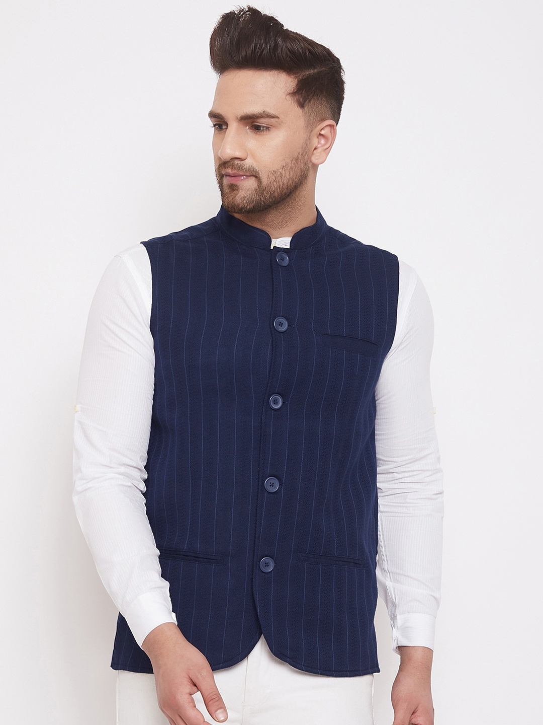 

even Men Navy Blue Striped Woven Nehru Jacket