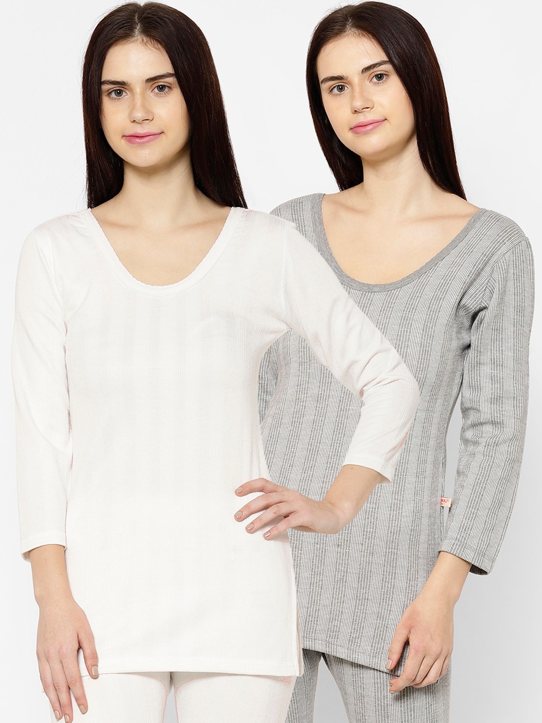 

VIMAL JONNEY Women Pack Of 2 Striped Thermal Tops, Grey