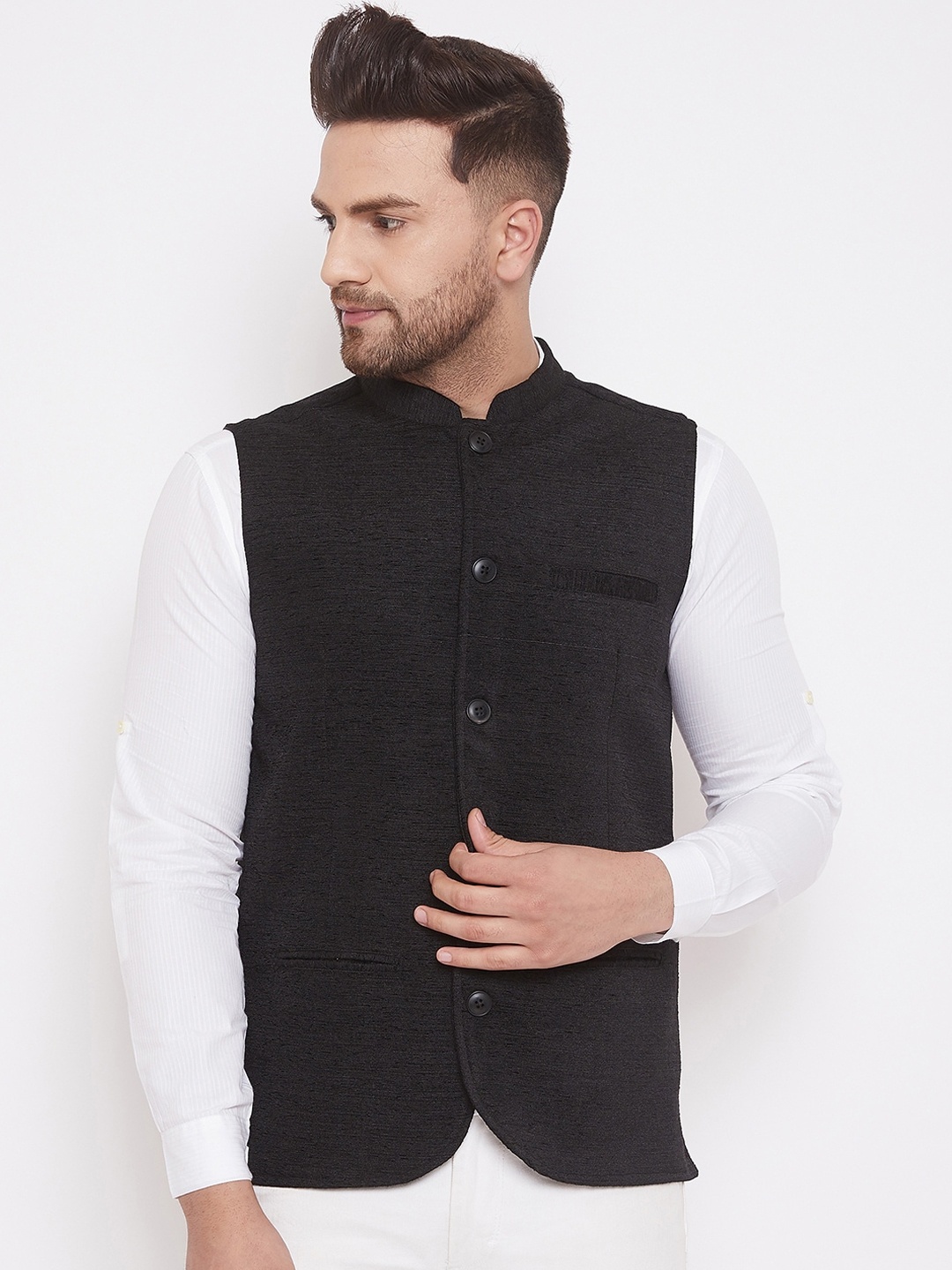

even Men Black Solid Woven Nehru Jacket