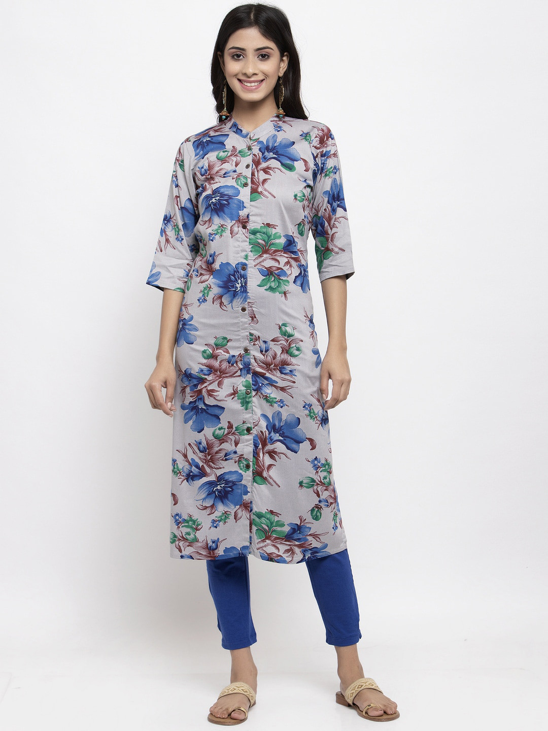 

NEUDIS Women Grey & Blue Printed Straight Kurta