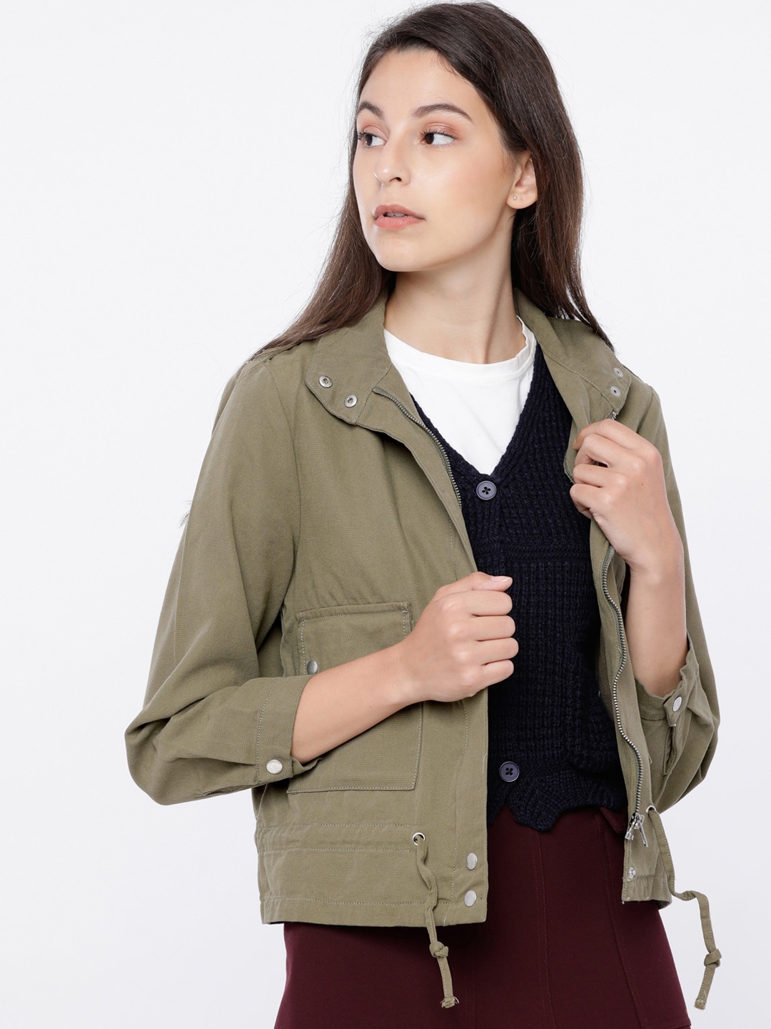 

Tokyo Talkies Women Olive Green Solid Tailored Jacket