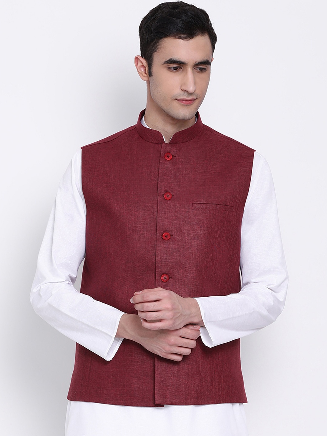 

NAMASKAR Men Maroon Solid Nehru Jacket