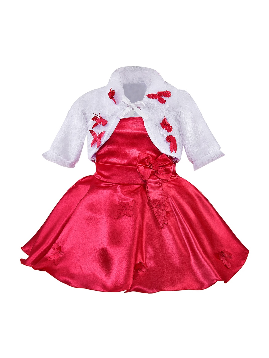 Wish Karo Girls Red Solid Fit and Flare Dress With Shrug