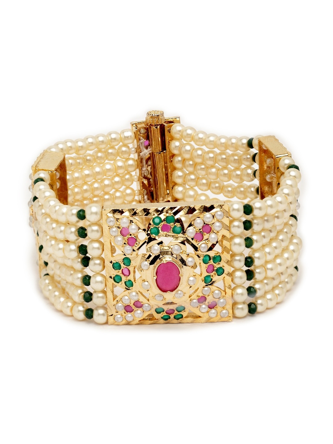 

DUGRISTYLE Gold-Plated White & Red Pearl Beaded Stone Studded Handcrafted Sustainable Jadau Patcheli Bracelet