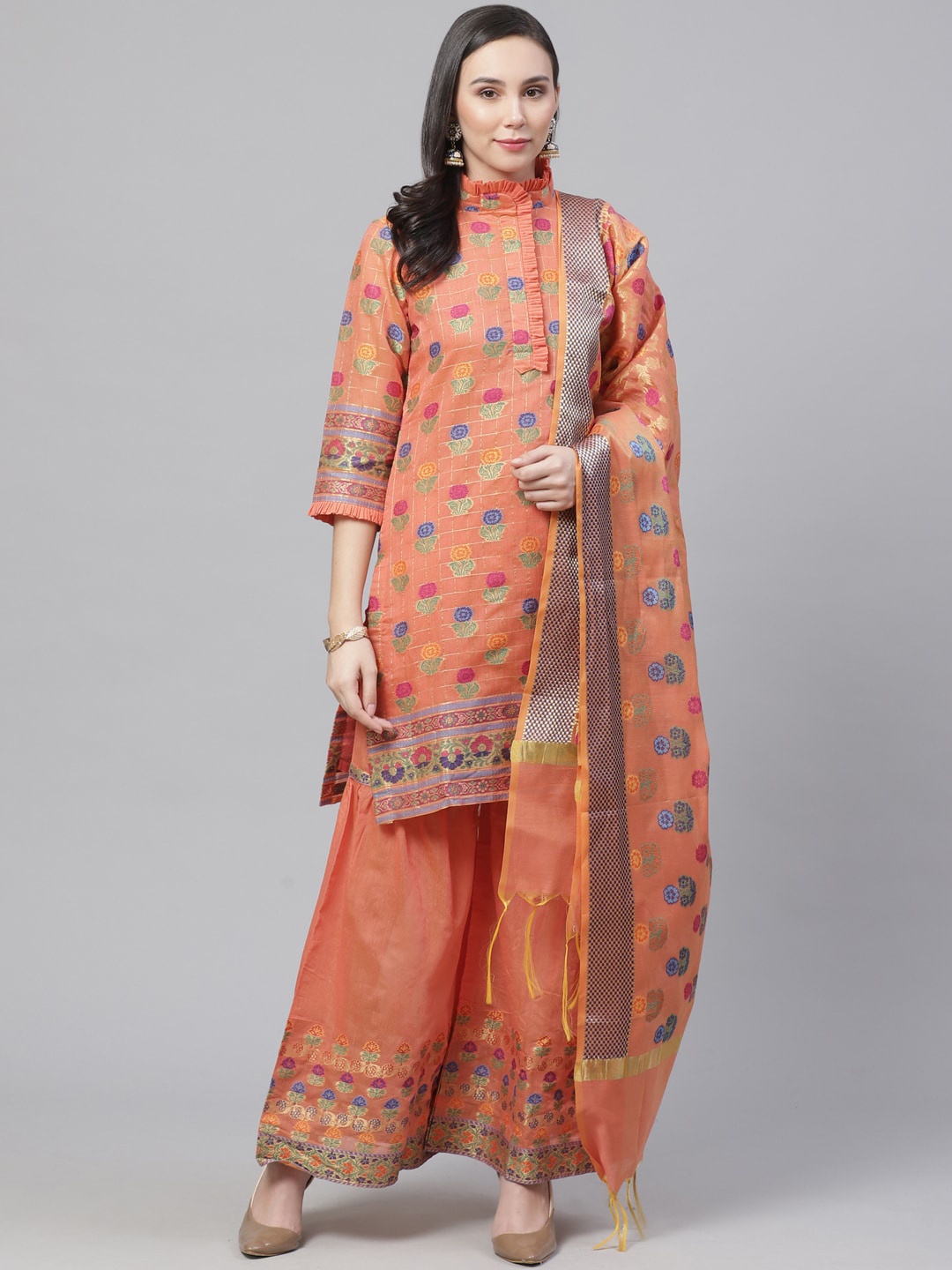 

Chhabra 555 Women Peach-Coloured & Blue Embroidered Kurti with Sharara & Dupatta