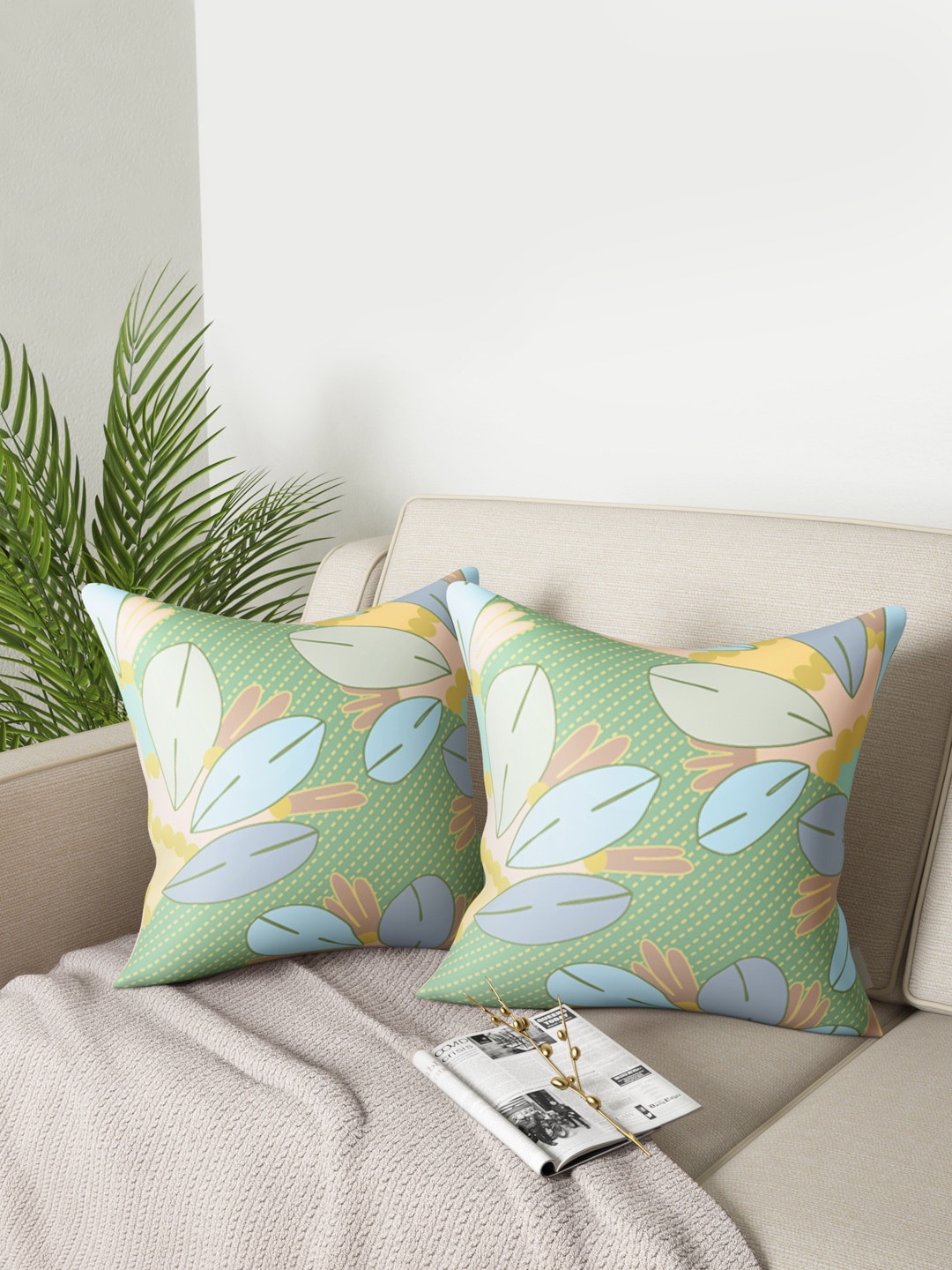 

PETAL HOME Set Of 2 Green Floral Printed Cotton Cushion Cover