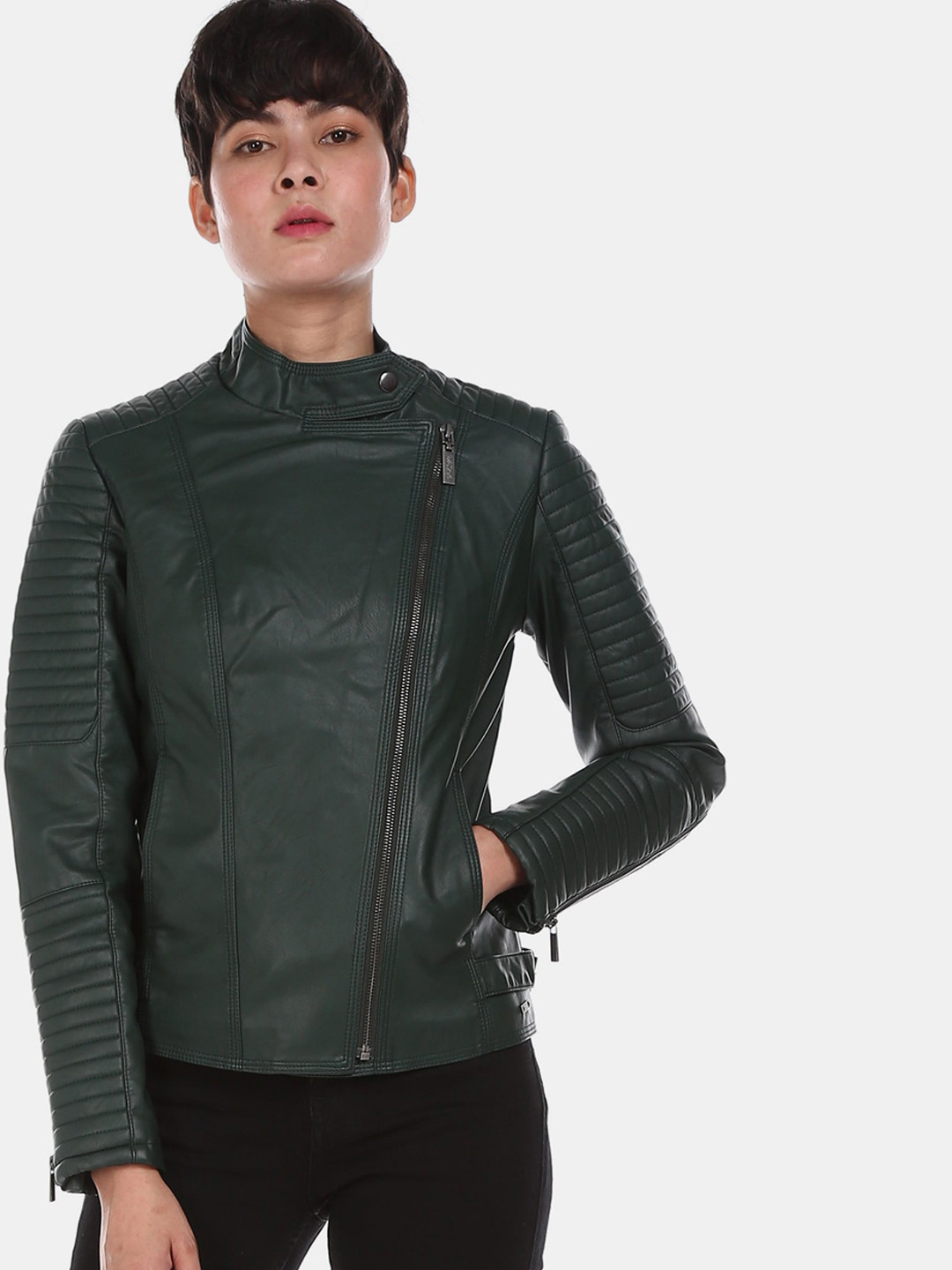 

U.S. Polo Assn. Women Green Solid Biker Jacket