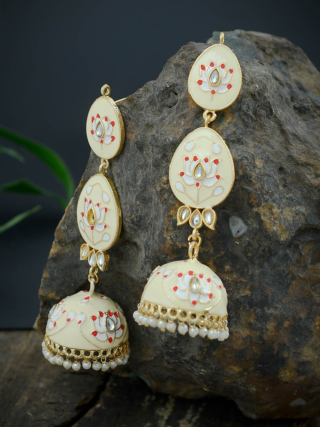 

Silvermerc Designs Gold-Toned & White Contemporary Jhumkas