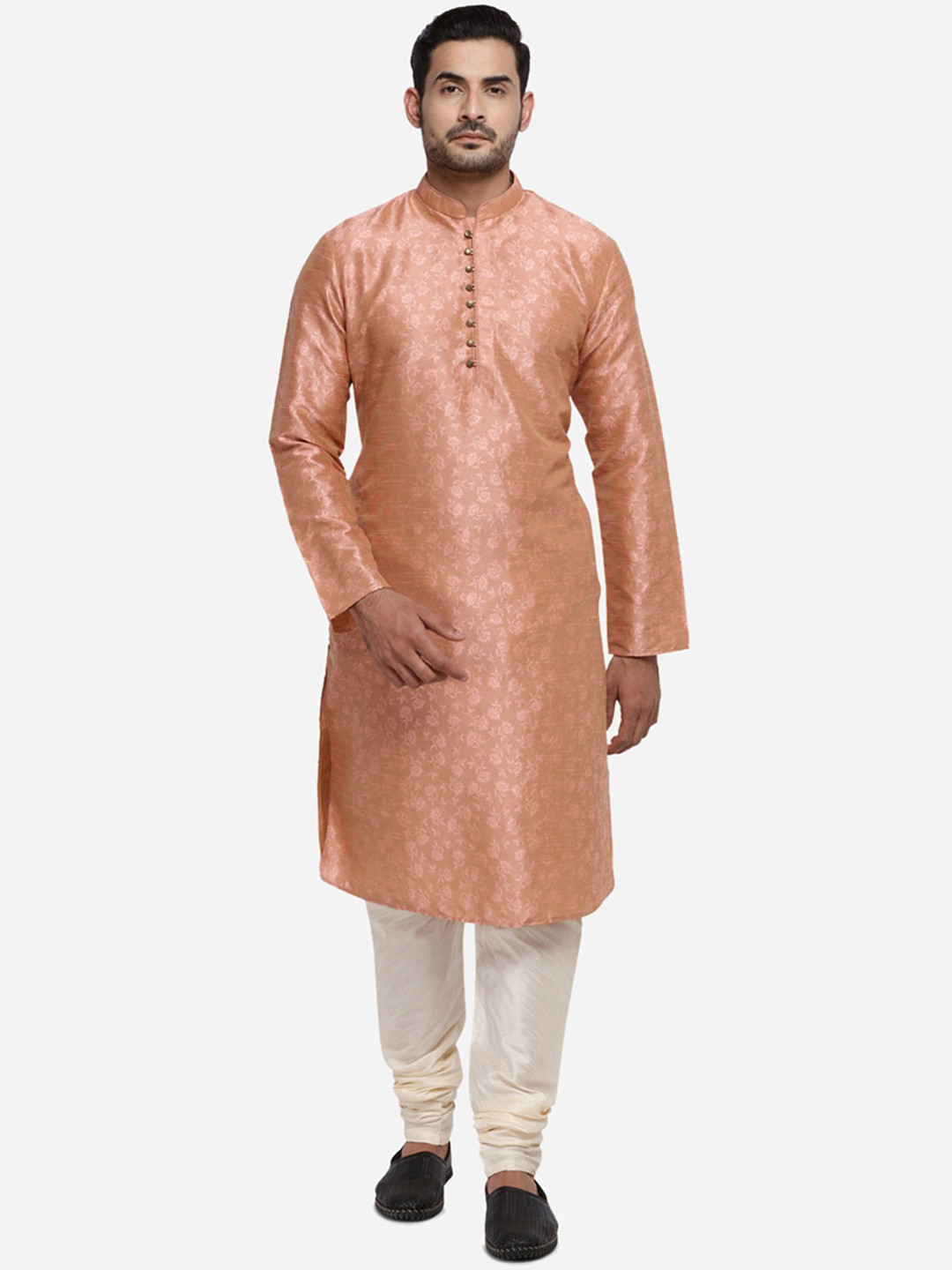 

azania Men Peach-Coloured & Off-White Woven Design Kurta with Churidar