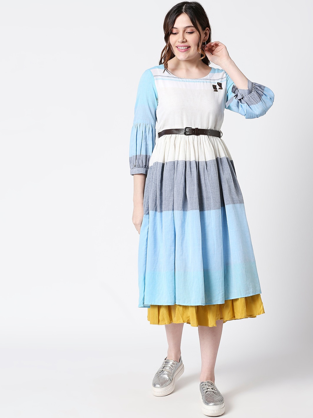 

TERQUOIS Women Blue & White Colourblocked Two Layered Fit and Flare Dress
