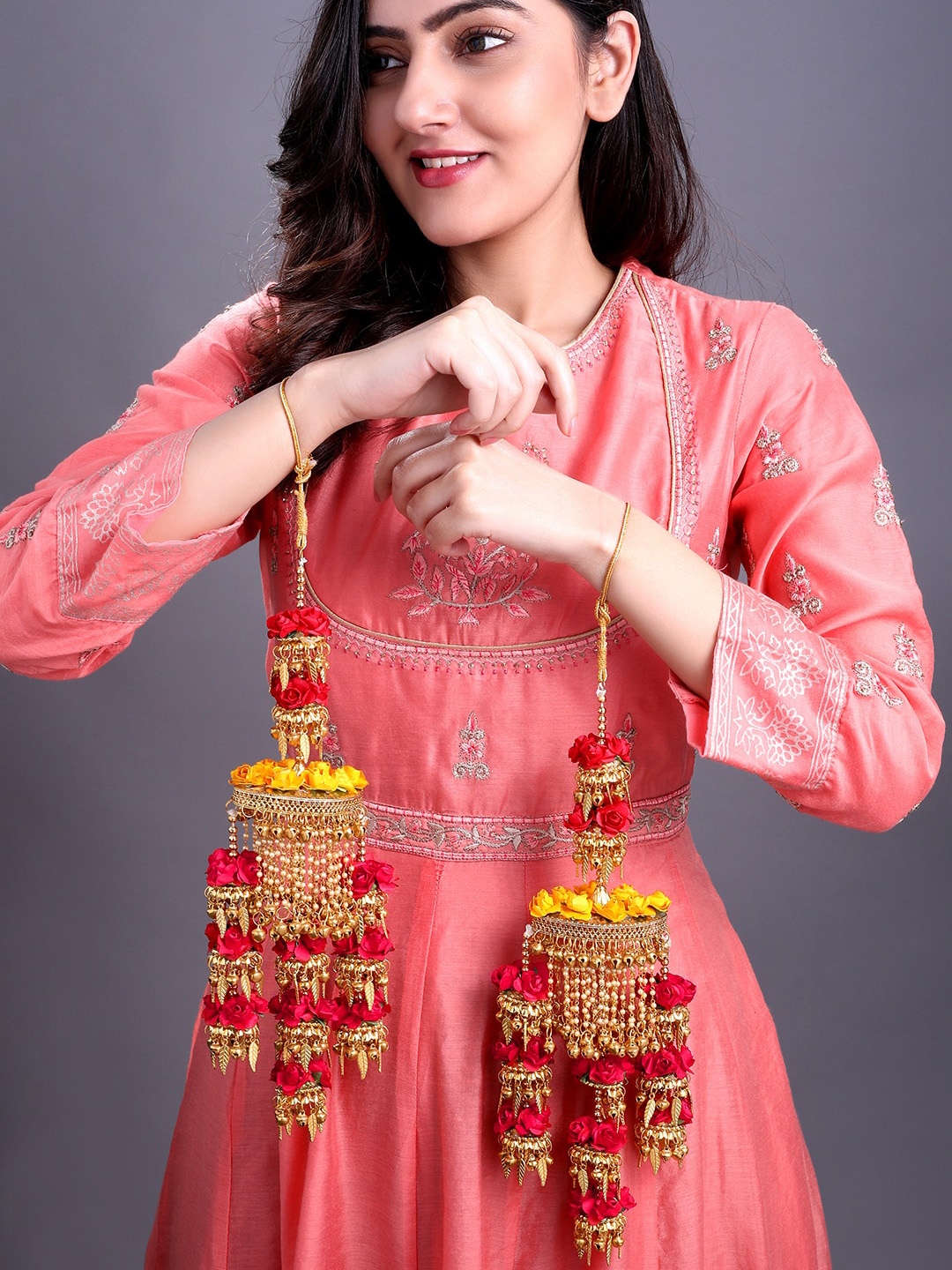

Rubans Gold-Plated & Red Handcrafted Floral Bridal Layered Kaleera Set