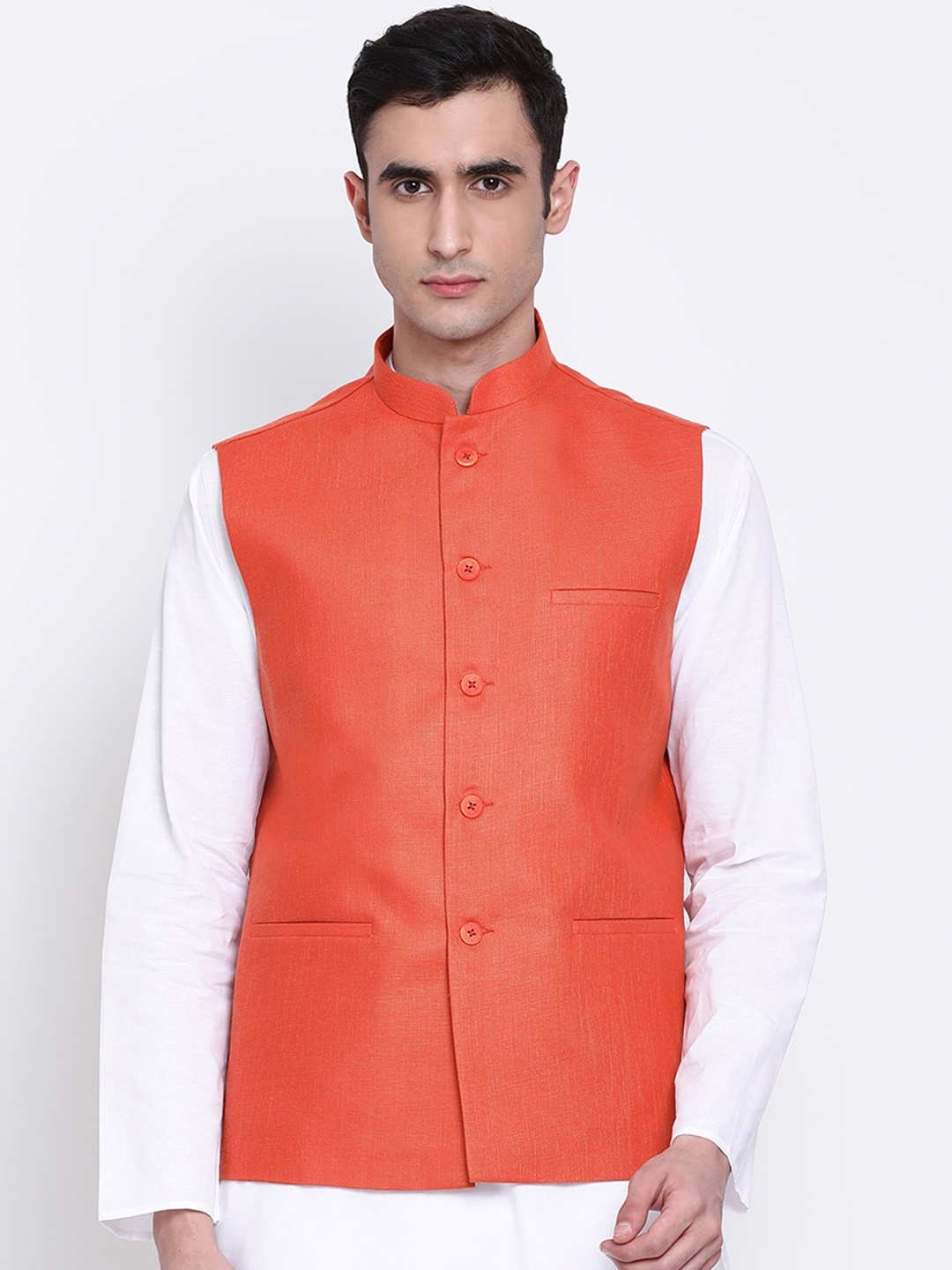 

NAMASKAR Men Orange Solid Nehru Jacket