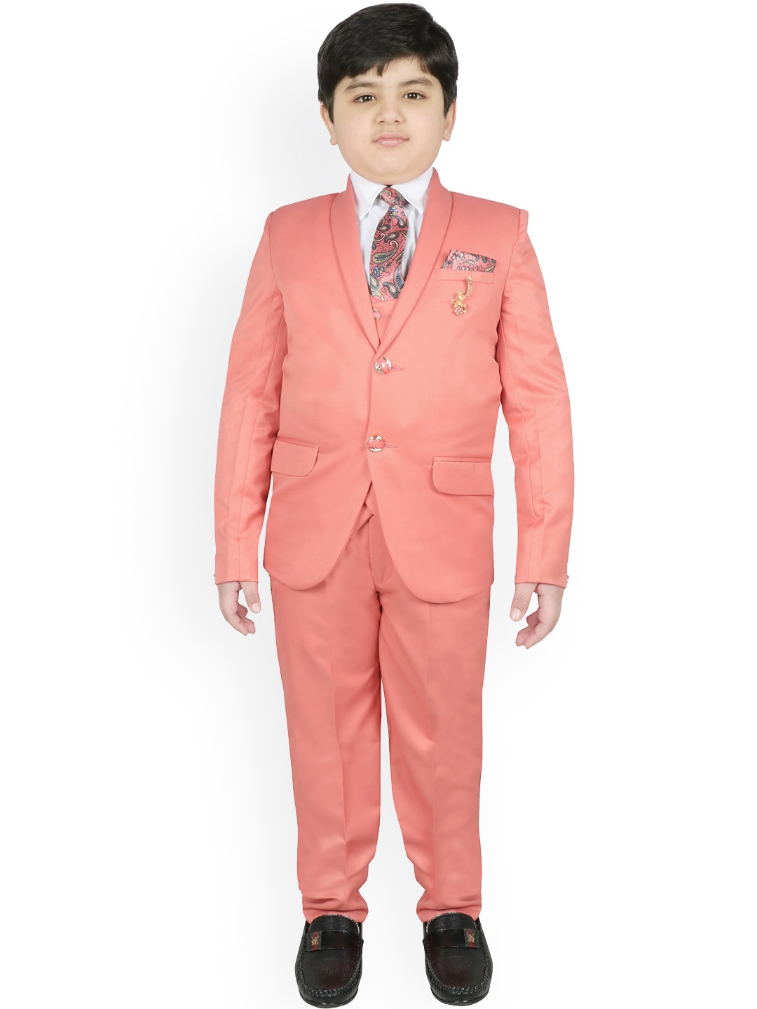

SG YUVRAJ Boys Peach-Colored Solid Tuxedo Party Suit Set
