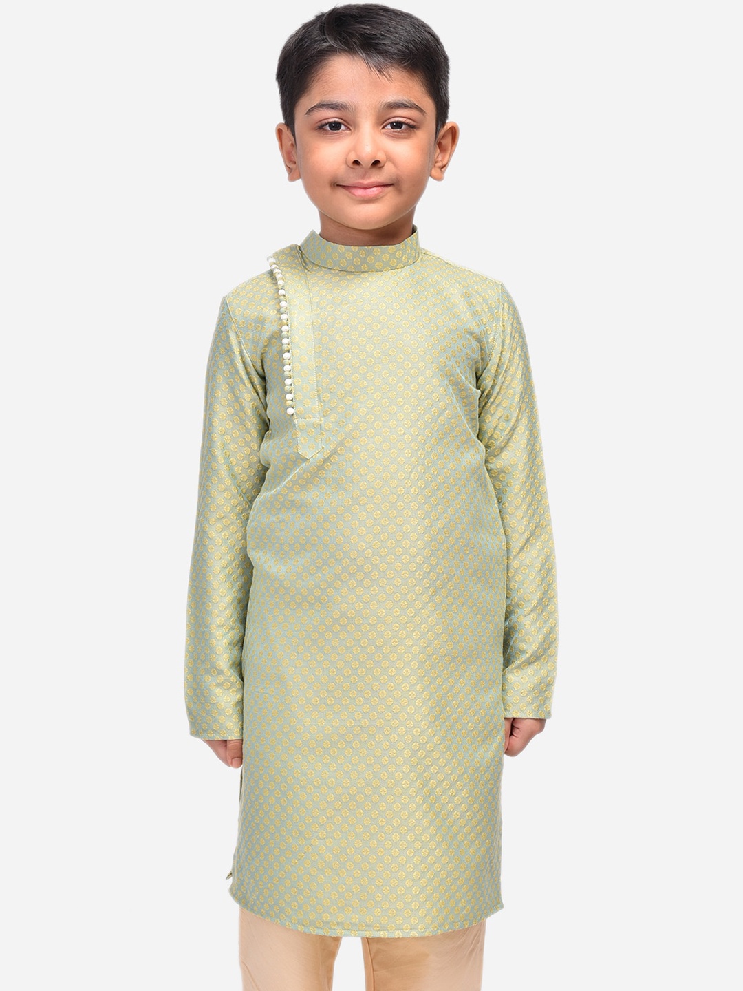 

NAMASKAR Boys Green & Gold-Toned Woven Design Straight Kurta